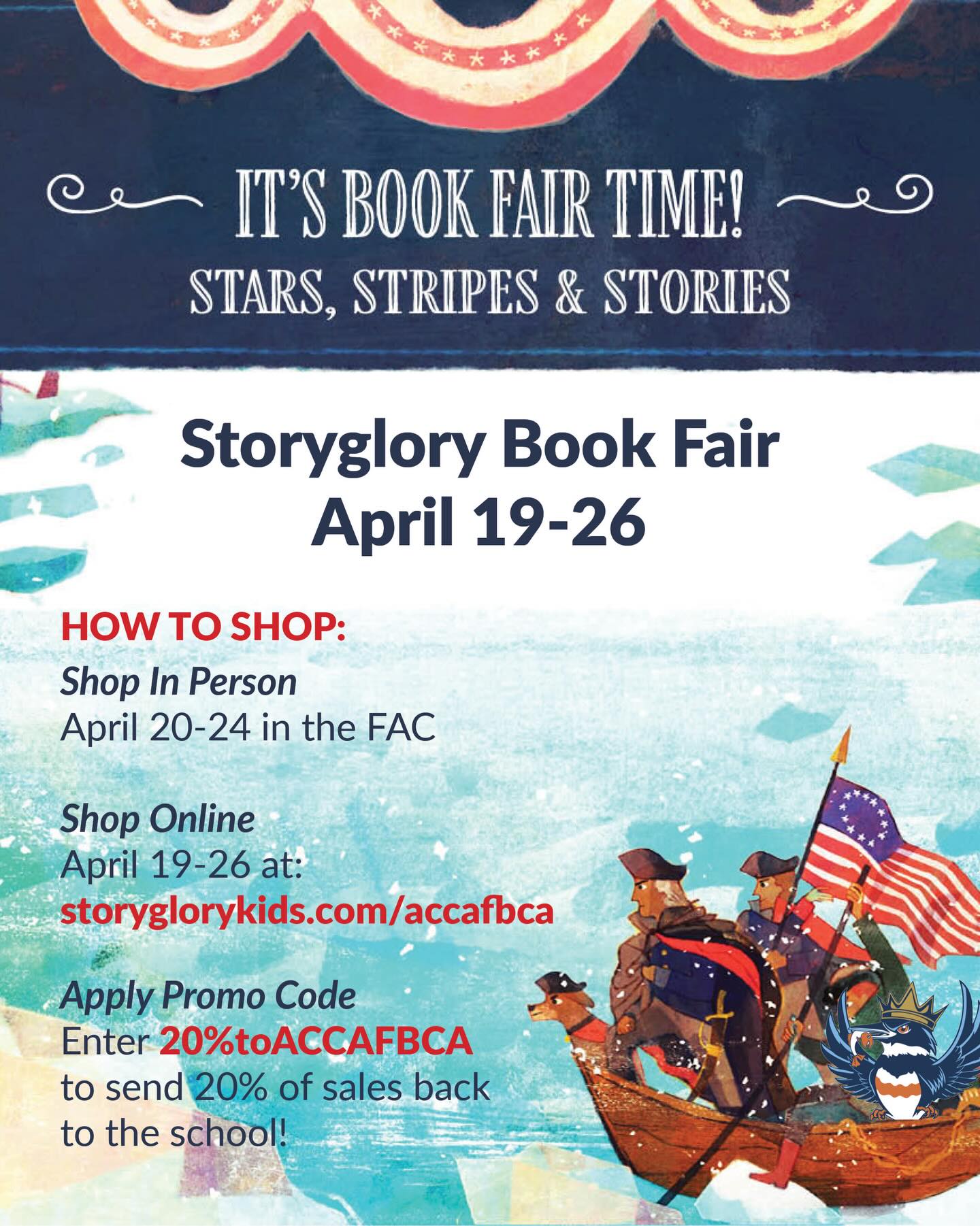 📚✨ @storyglorykids Book Fair is coming to ACCA & @fbca_preschool ✨📚
We’re thrilled to host the Storyglory Book Fair—bringing wholesome, high-quality books for the whole family right to our campus!
From preschool through 6th grade (and parents too!), you’ll find:
American history titles (just in time for America’s 250th!)
Bibles & devotionals
Inspiring Christian fiction
Meaningful family read-alouds
Even better—20% of all sales go back to support ACCA & FBCA Preschool! ❤️
Shop In Person:
April 20–23
11:30 AM–1:00 PM & 3:00–4:00 PM
Shop Online:
April 19–26
storyglorykids.com/accafbca
Use code: 20%toACCAFBCA
Students may bring cash, and all payment types are accepted.
Want to plan ahead? Purchase gift cards at storyglorykids.org/giftcards
#bookfair #alexandriavirginia #classicalchristianeducation #read