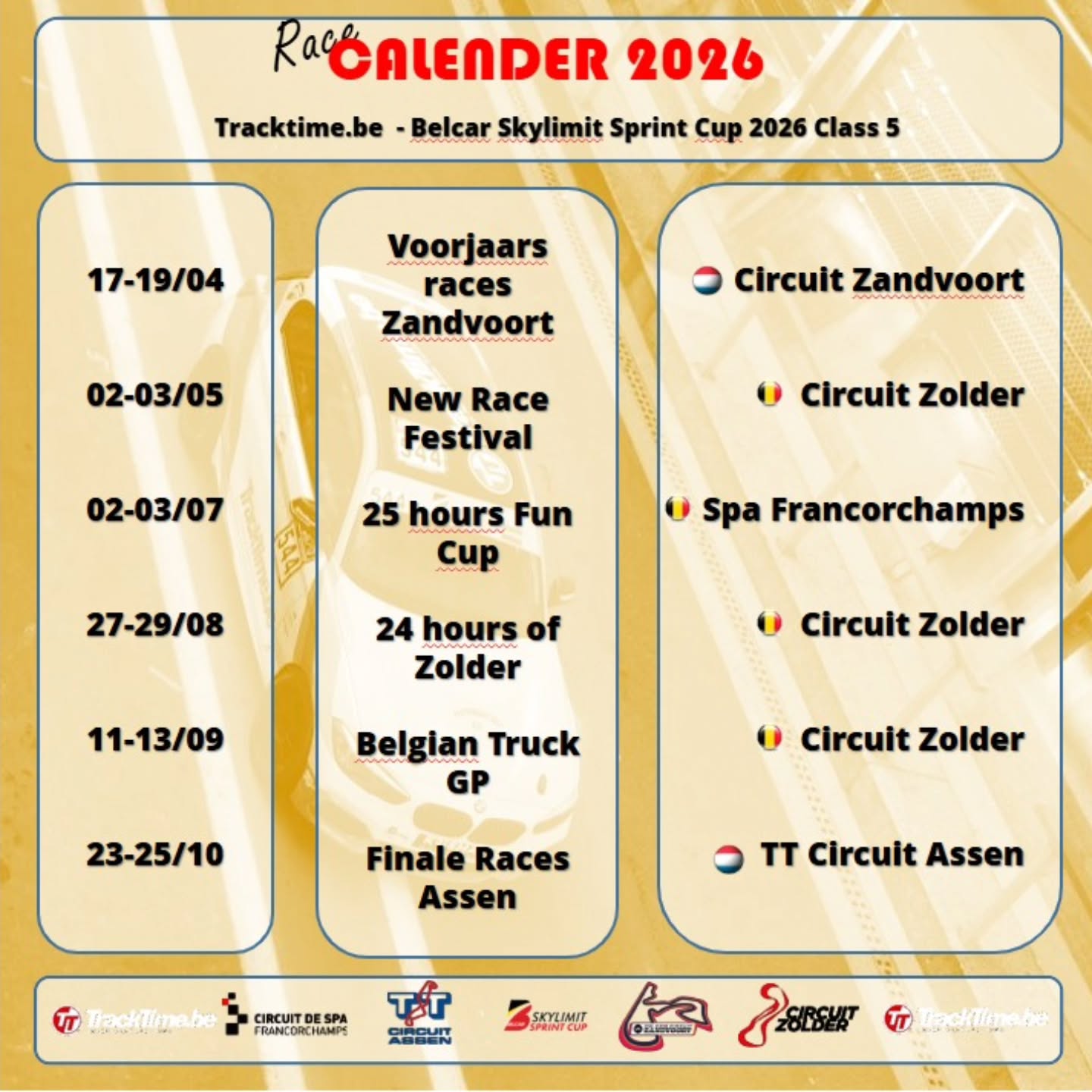 WE ARE BACK IN CLASS 5! ππ₯
@tracktime_ is officially back on the grid for the @belcar.skylimit.sprint.cup Class 5.
Weβve got 6 epic race weekends lined up across Belgium and the Netherlands.
The car is ready, the team is hyped, and the lights go green soon. See you at the track! π¦π