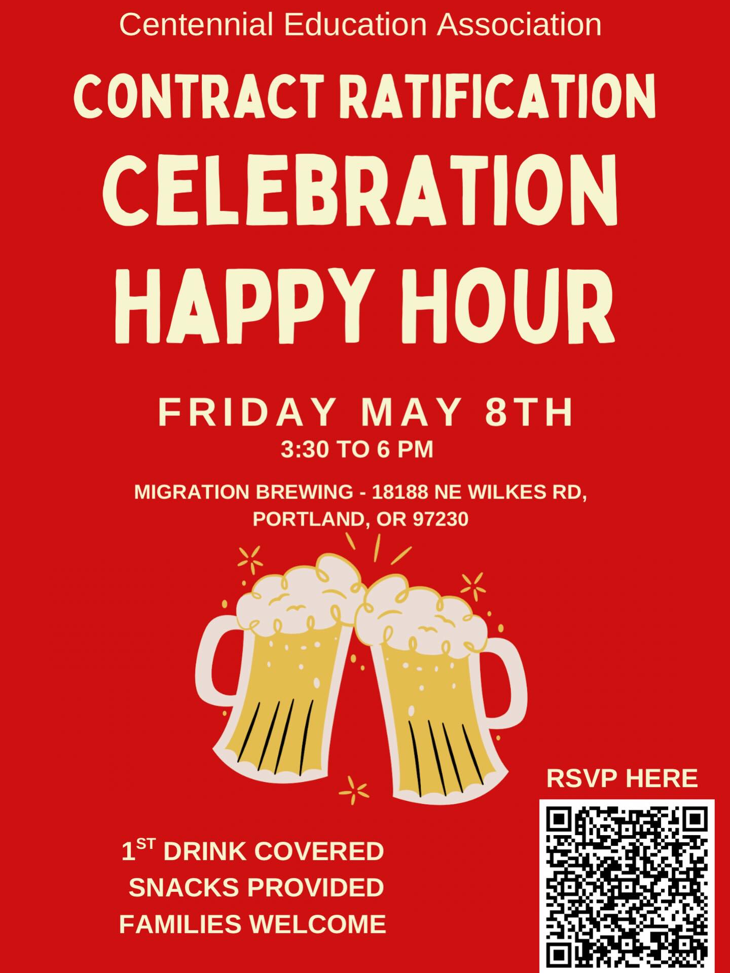 Our contract is officially ratified! Come celebrate the hard work of our bargaining team, organizing team, and membership at a happy hour at Migration Brewing on Friday May 8th. CEA will cover the first drink and provide some light appetizers! Feel free to bring non-members and kids and stay as long as you’d like.
RSVP using the QR code or link in bio!
Will you be there?