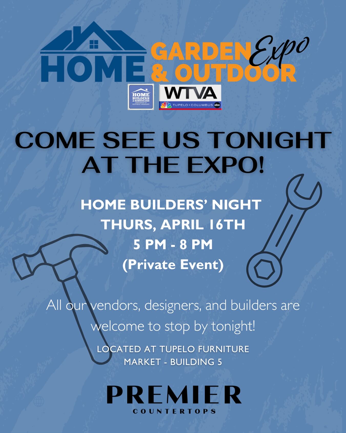 Join us tonight for the Home Builders’ Night at the Home, Garden & Outdoor Expo! 🪴 Come connect with vendors, designers, and builders from across Northeast Mississippi!
📍 Tupelo Furniture Market – Building 5
🕔 5 PM – 8 PM (Private Event)