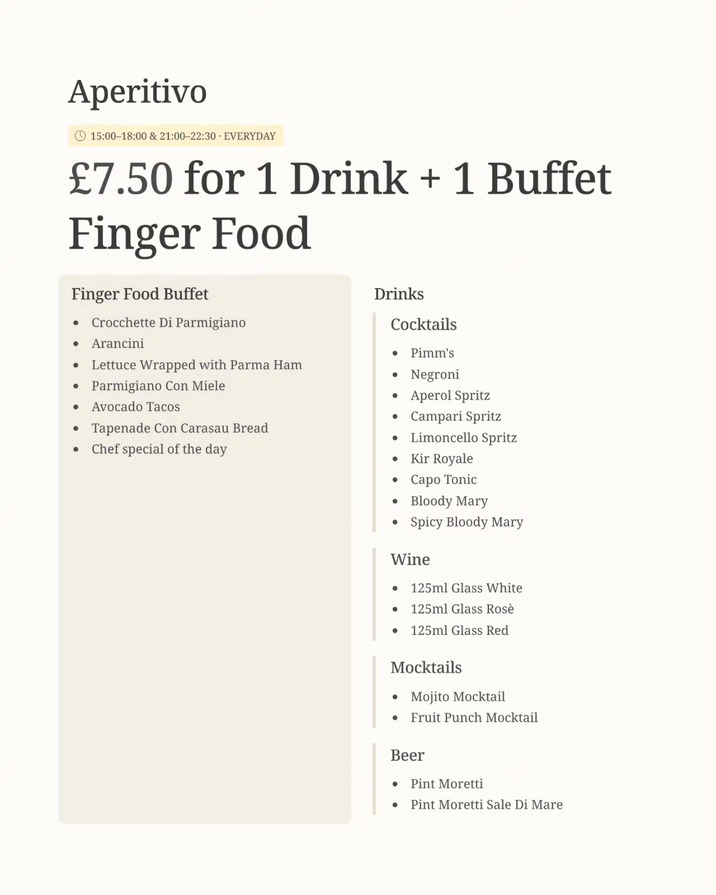 Sip, Snack, repeat.
Enjoy out Aperitivo offer:
1 Drink + 1 Buffet Finger Food for £7.50
#clapham
#osteriatoscanaclapham
#italianclapham