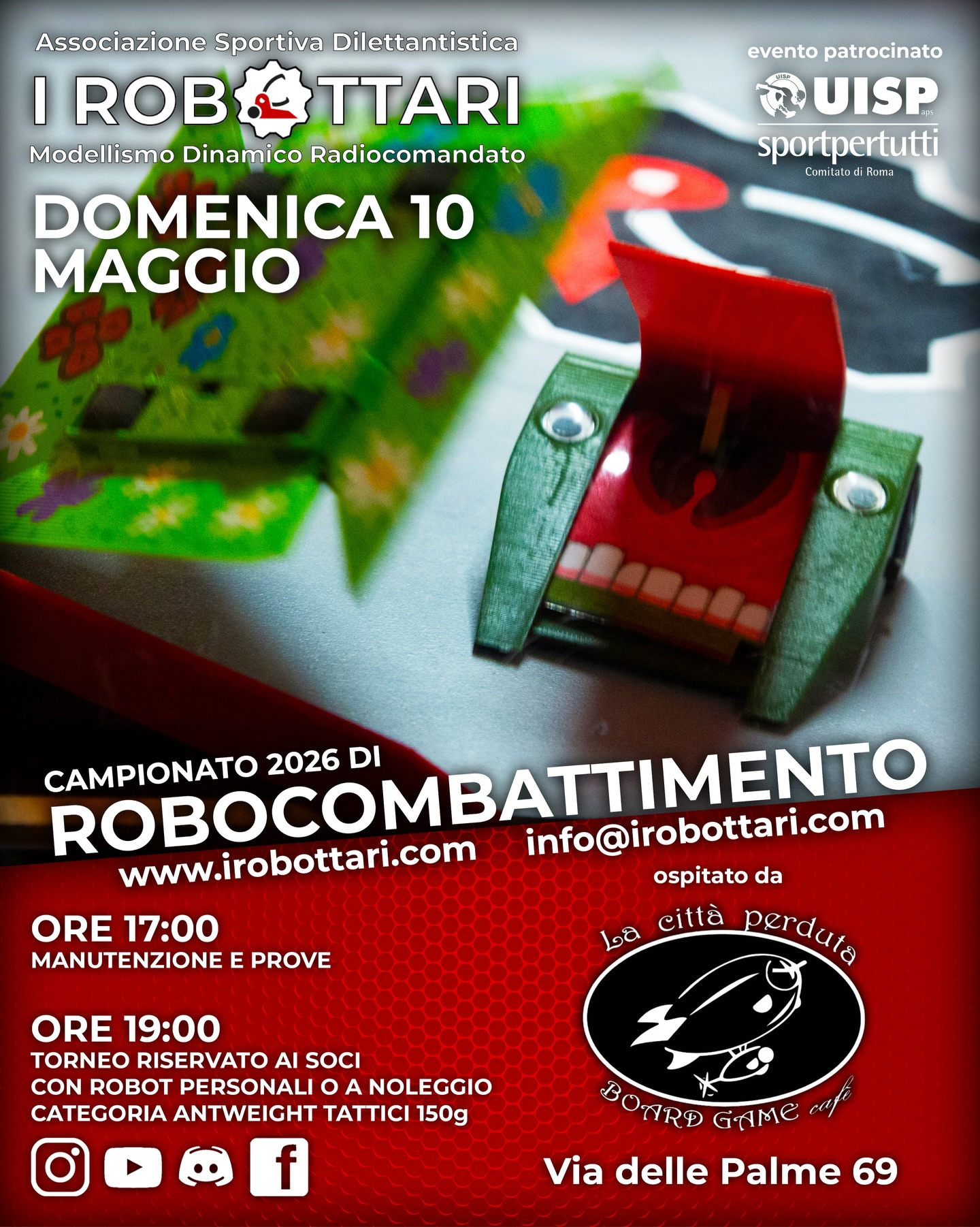 Questo mese ha ancora tanto da darci, anche in termini di robotte, ma nel frattempo segnatevi già la prossima data del Campionato Tattico 2026!
I piloti torneranno a sfidarsi nell’arena Domenica 10 Maggio @lacittaperduta in zona Centocelle, e tu puoi essere tra loro!
Se non sei già nostro socio contattaci per sapere come partecipare, e vai a conoscere i robot della flotta dell’Associazione sul nostro sito!
Chiamate La Città Perduta per prenotare un tavolo e non perdetevi un’esperienza UNICA in Italia!
#combatrobots #antweight #battlebots #robotwars #italy