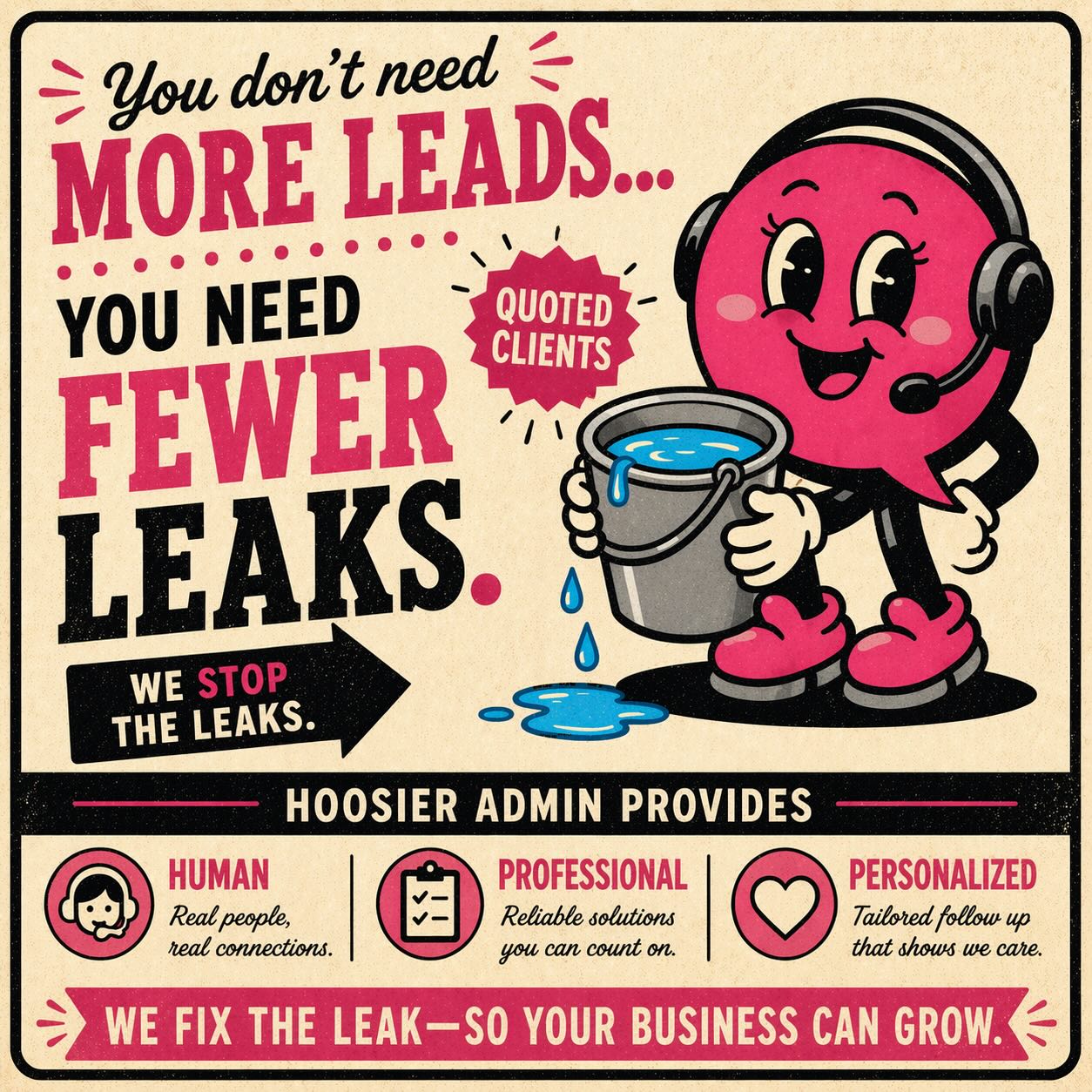 You worked hard to get the lead,
We work hard to schedule the estimate…
You showed up and gave a proposal…
You sent the quote…
Now what?
If follow-up gets forgotten, so does the job.
Hoosier Admin makes sure your quoted clients don’t fall through the cracks.
You don’t need you to buy more leads, you need to close the ones you have! We stop the leaks, so your business can grow.