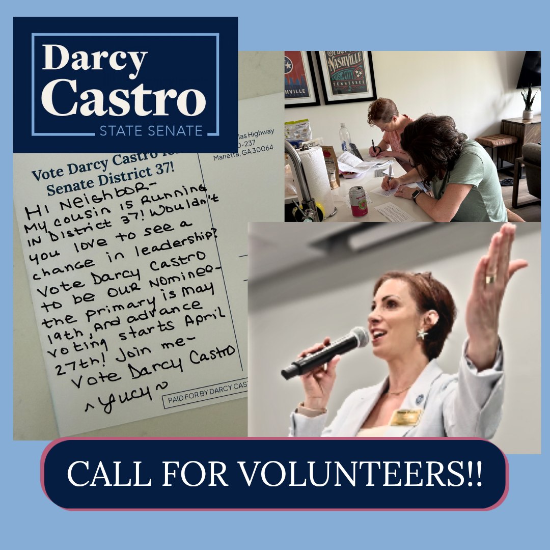 We need your help. We need volunteers to help us with postcards, canvassing, and phone banks. You don't need experience, just a willingness to help give Georgia Senate District 37 the leadership it deserves!
Go to DarcyCastro.com and fill out the short form.
