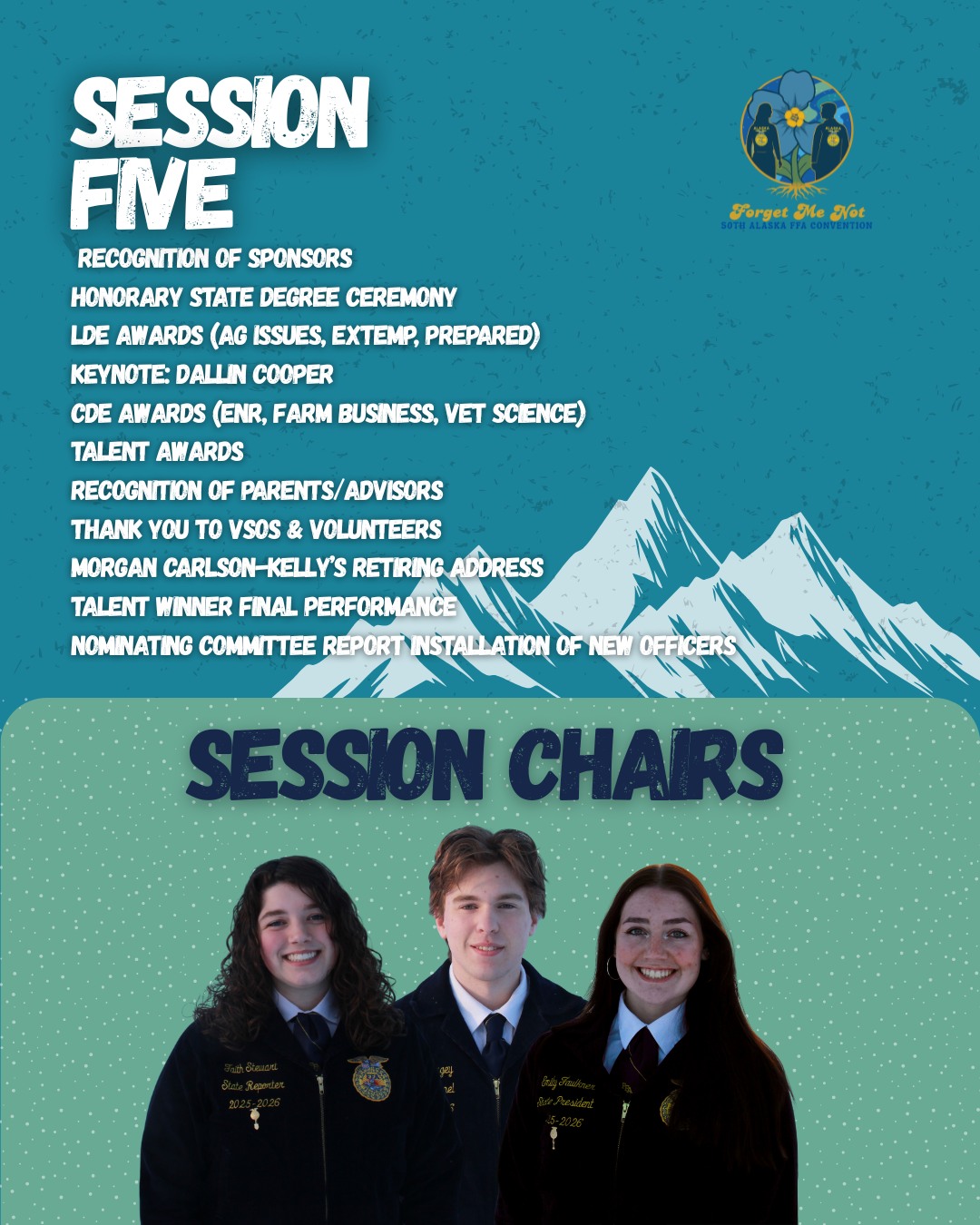 Join us in Session Five!
Pre-Session at 6:00 PM
Session Starts at 6:30 PM
Not able to be in person? Join us Live on YouTube at "Alaska FFA Association"