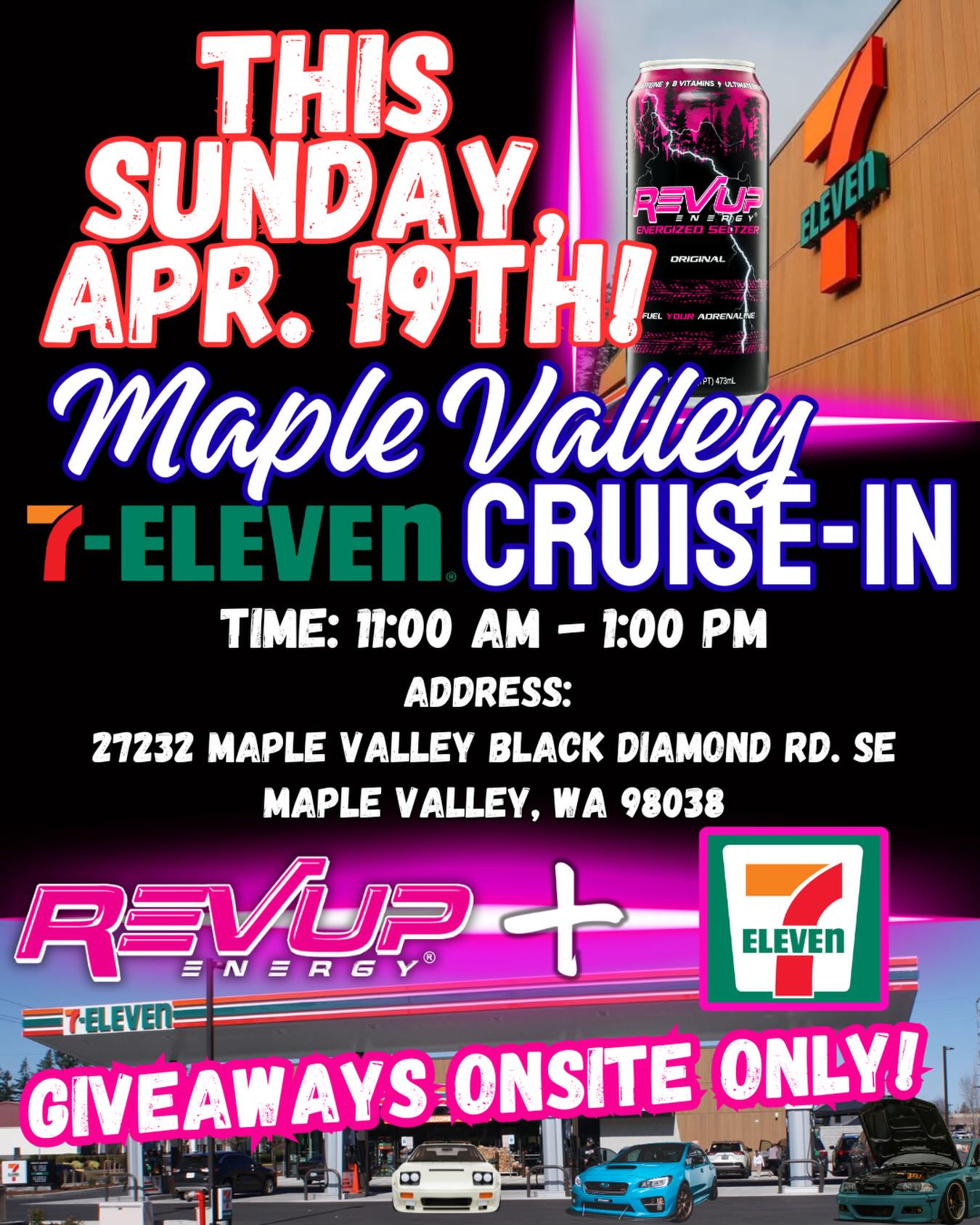 At REVUP Energy, we aren’t just a brand—we’re your neighbors. We’re a local, family-owned business, and seeing our cans on the shelves of our hometown store is a huge milestone for us. To celebrate, we’re throwing a Cruise-In right here in the neighborhood, and you’re invited!
🏎️ Join the REVUP Crew:
• WHEN: This Sunday, April 19th
• TIME: 11:00 AM – 1:00 PM
• WHERE: Our local 7-Eleven (27232 Maple Valley Black Diamond Rd SE)
⚡ What to Expect:
• The Meet: We’re bringing out some incredible cars—come hang out and talk shop with us!
• Giveaways: We’ll have exclusive onsite-only giveaways for the fans who come out to support.
• Fuel Up: Grab a REVUP Energized Seltzer straight from the cooler and help us support the local shop that supports us.
We started REVUP to fuel our community’s passion, and we can’t wait to see all the familiar faces this Sunday. Let’s show everyone how Maple Valley supports its own!
Tag your friends and family below—we’ll see you at the 7-Eleven! ✌️
#REVUPEnergy #MapleValleyLocal #FamilyOwned #SupportLocal #PNWCars MapleValley711 HomegrownEnergy CruiseIn