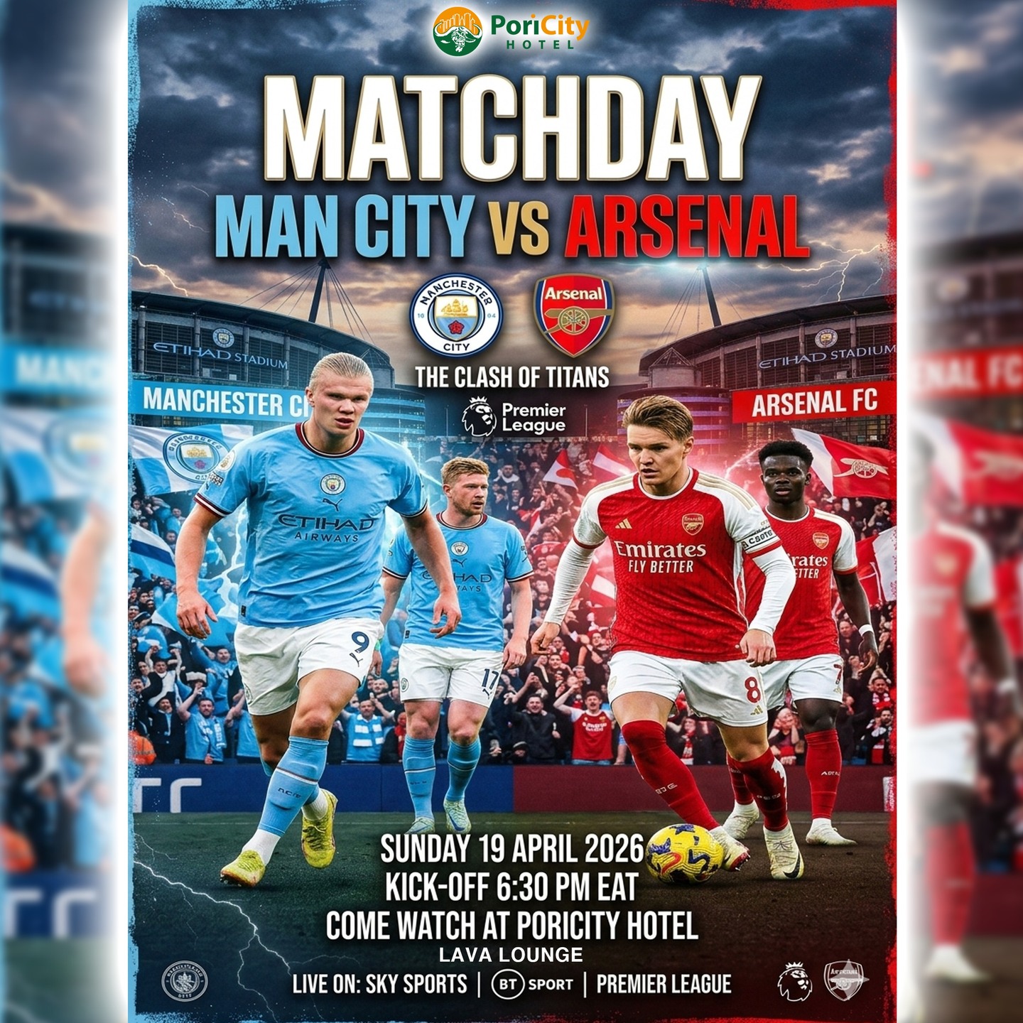 โโฝ Arsenal vs Man City LIVE! Join us at Poricity Hotel Lava Lounge for the ultimate match-day vibe โ big screens, cold drinks, and unbeatable energy. Donโt just watch, experience it with us!
