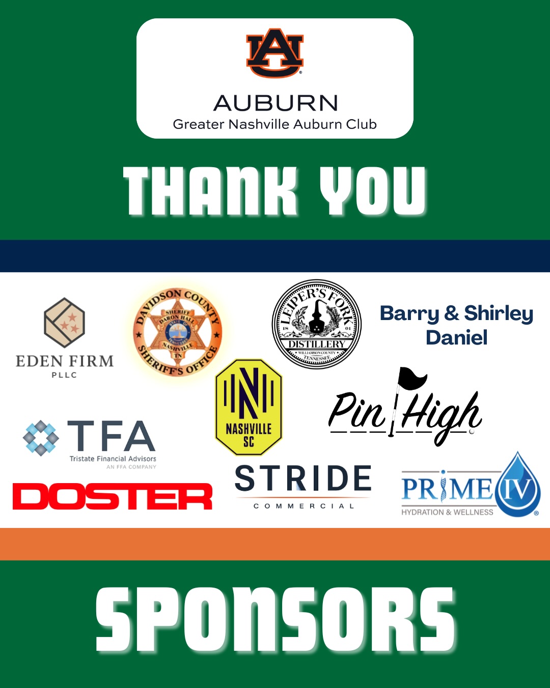 We love our sponsors!!
Events like these help us fund our Endowed Scholarship which assist local Middle TN students attend Auburn University - the whole reason this club exists!
This tournament would not be possible without the generous support from our sponsors! ⛳