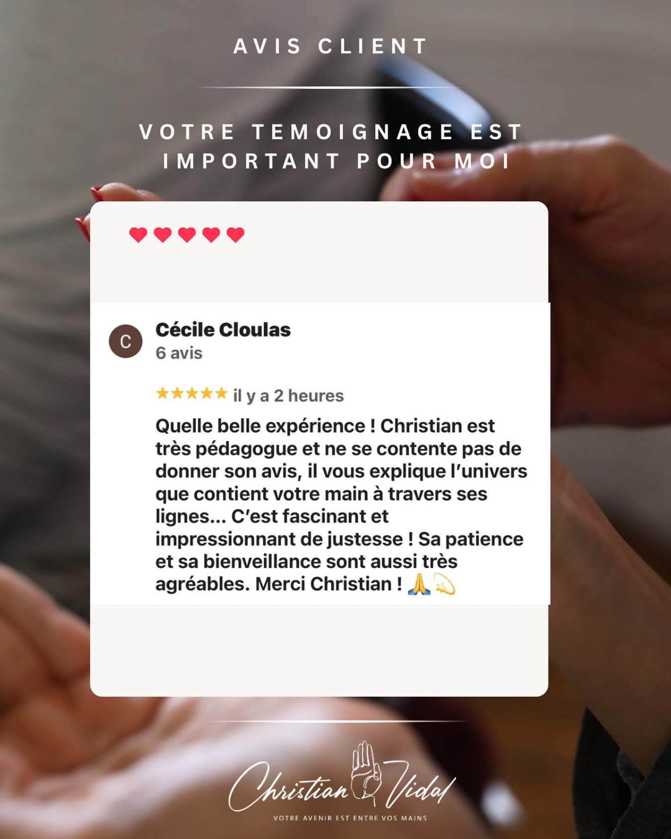 Comme disait Bill Gates : La meilleure des publicités est un client satisfait.
Toujours très heureux de vous partager ma passion et des clés de compréhension via la chiromancie.
Plus d’infos sur mon site web : www.christian-vidal.fr
