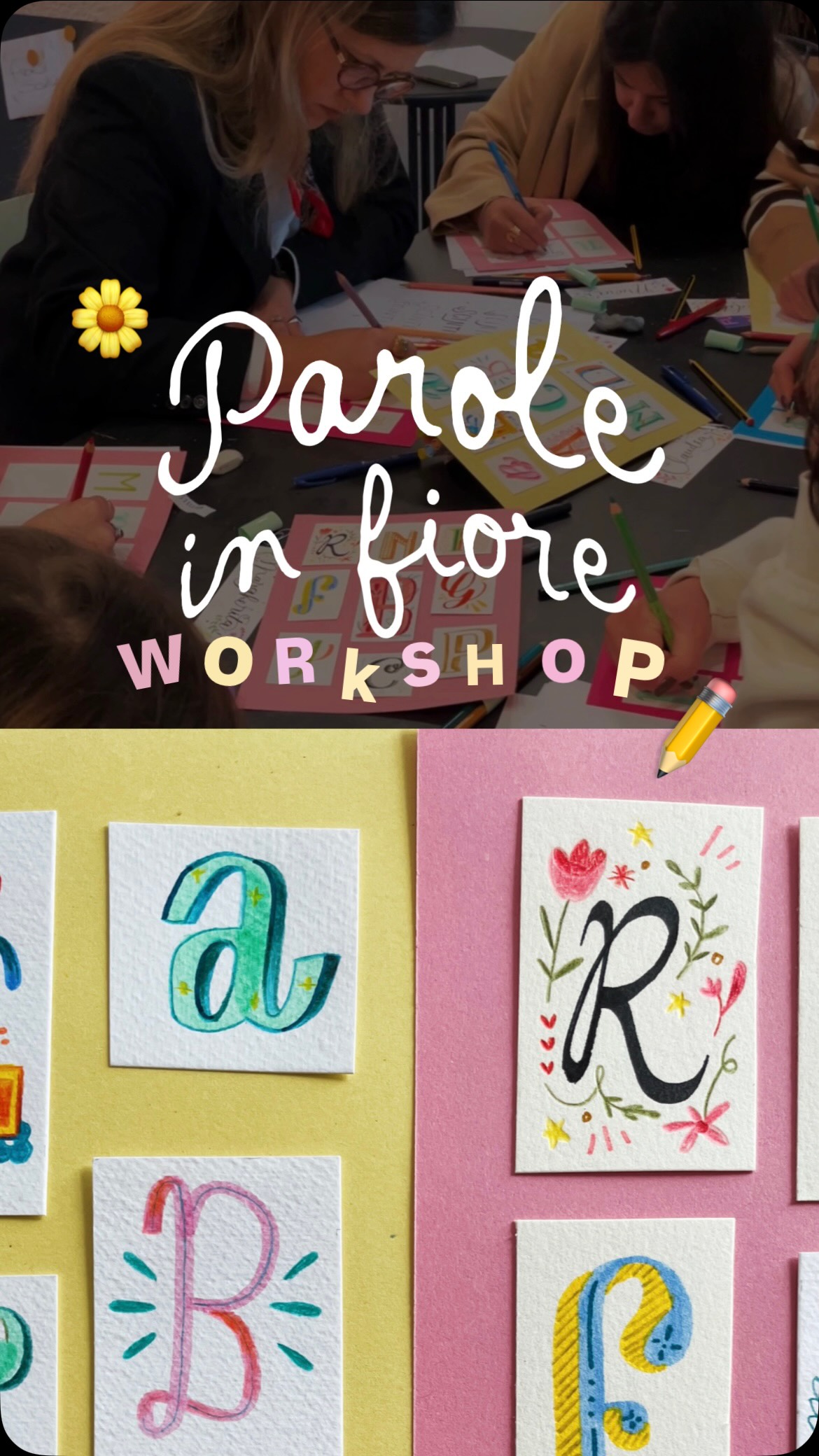 Mi piace pensare che dopo “Parole in fiore” scrivere su carta abbia un sapore tutto nuovo! 🖍️💖
Stay tuned per i prossimi appuntamenti ✨
Grazie a chi c’è stato e a @fuori_scala per averci ospitate 📌
Workshop di lettering
Hand lettering
Illustrazione