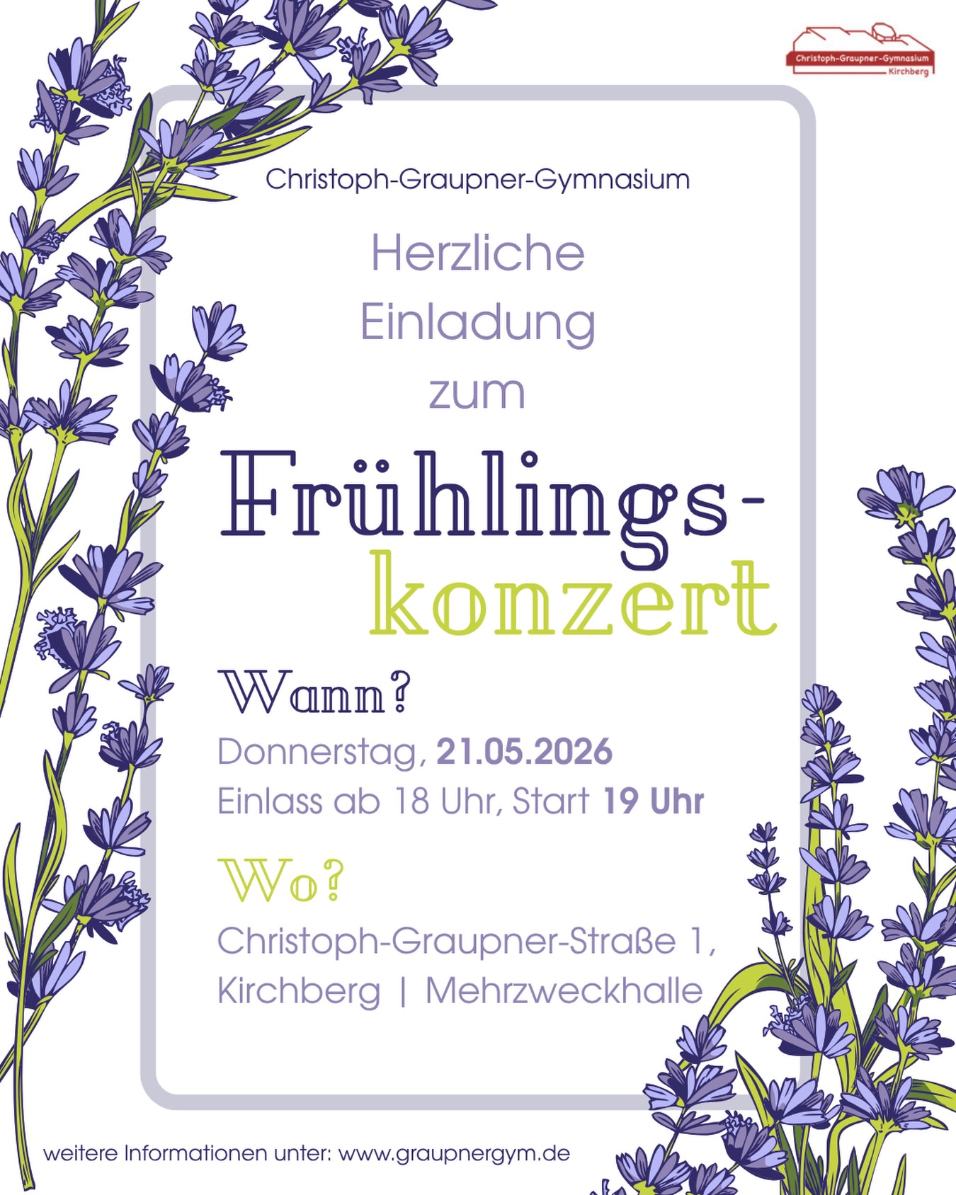 🎶 Herzliche Einladung zu unserem Frühlingskonzert!
📅 21.05.2026 | Einlass ab 18 Uhr, Beginn 19 Uhr
📍 Mehrzweckhalle Kirchberg
Wir freuen uns auf euch!
#graupnergymnasium #frühlingskonzert #einladung