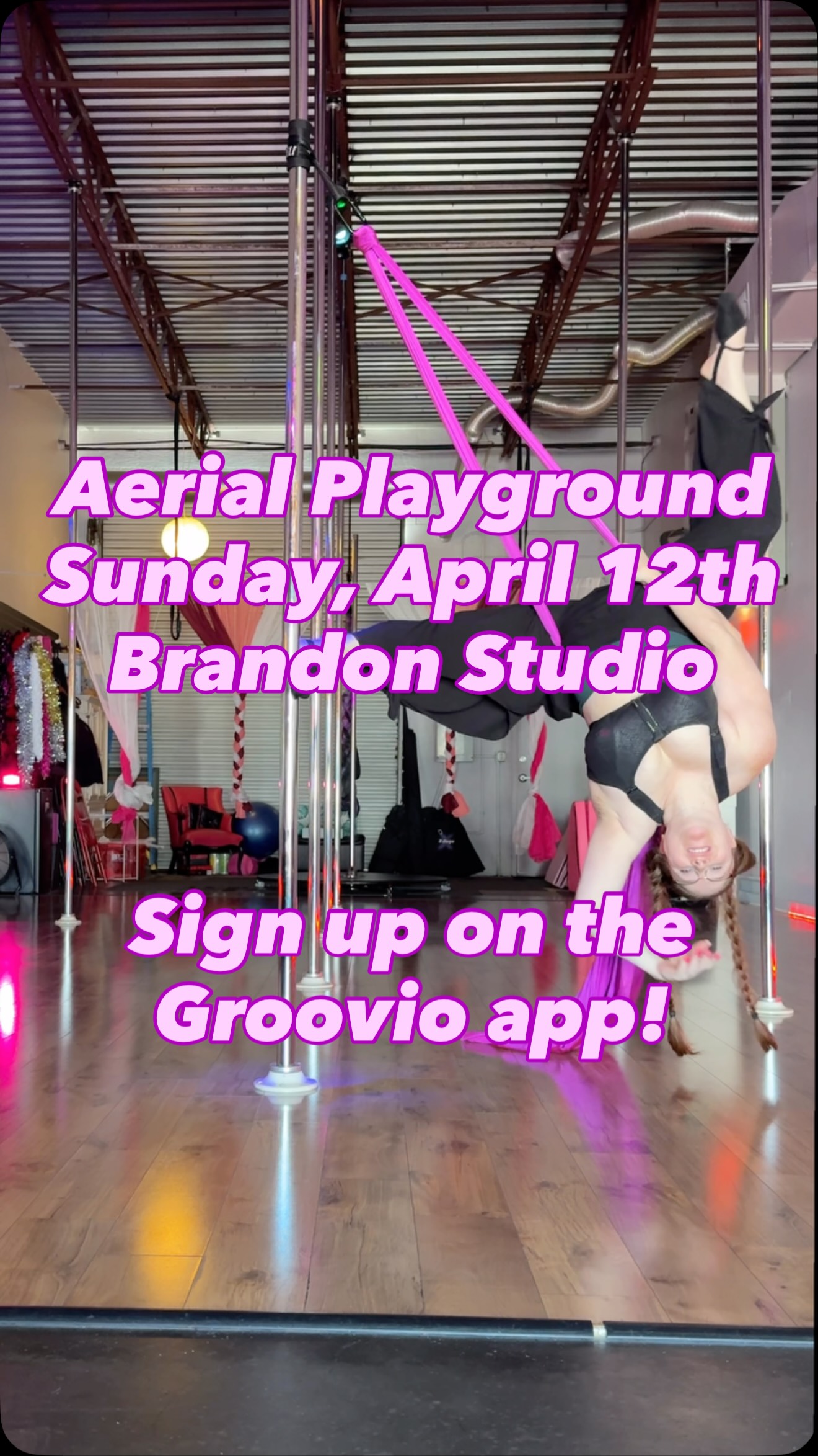 Come spend the day with us at Aerial Playground tomorrow April 12th at 2:30 with @ruby_ravage at the Brandon studio.
We’ve got pole silks, a lyra hoop, an aerial hand loop strap, and yes… a fly pole. 👀 It’s going to be so fun.
St. Pete crew, we know it’s a bit of a drive over the bay but it is so worth it! And now with our new Groovio software, attending classes and workshops between both studios is totally seamless. Come join us!
What to wear and bring:
Long socks, tight fitting yoga pants, and toss some shorts in your pole bag!
📍 Brandon Studio
📅 Sunday April 12th
#impulsepoledance #aerialplayground #poledance #lyra #polesilks