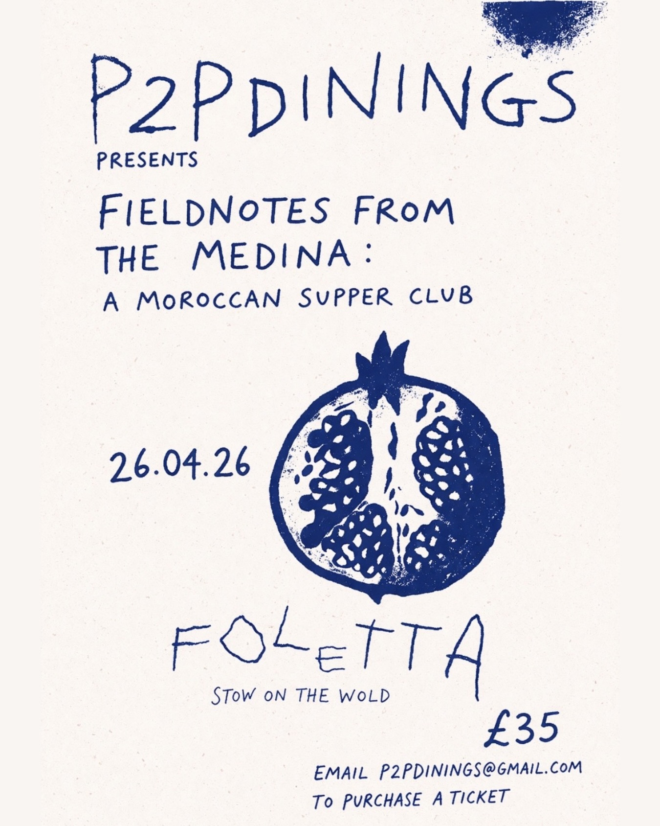 We’re delighted to collaborate with local supper club host Molly Jones who will be hosting a Moroccan Supper Club at Foletta on Sunday 26th of April. Spots are running out already (!) so please email: p2pdinings@gmail.com to secure either yourself or some friends a spot! It will be a lovely cosy candlelit event with delicious food and lovey company!