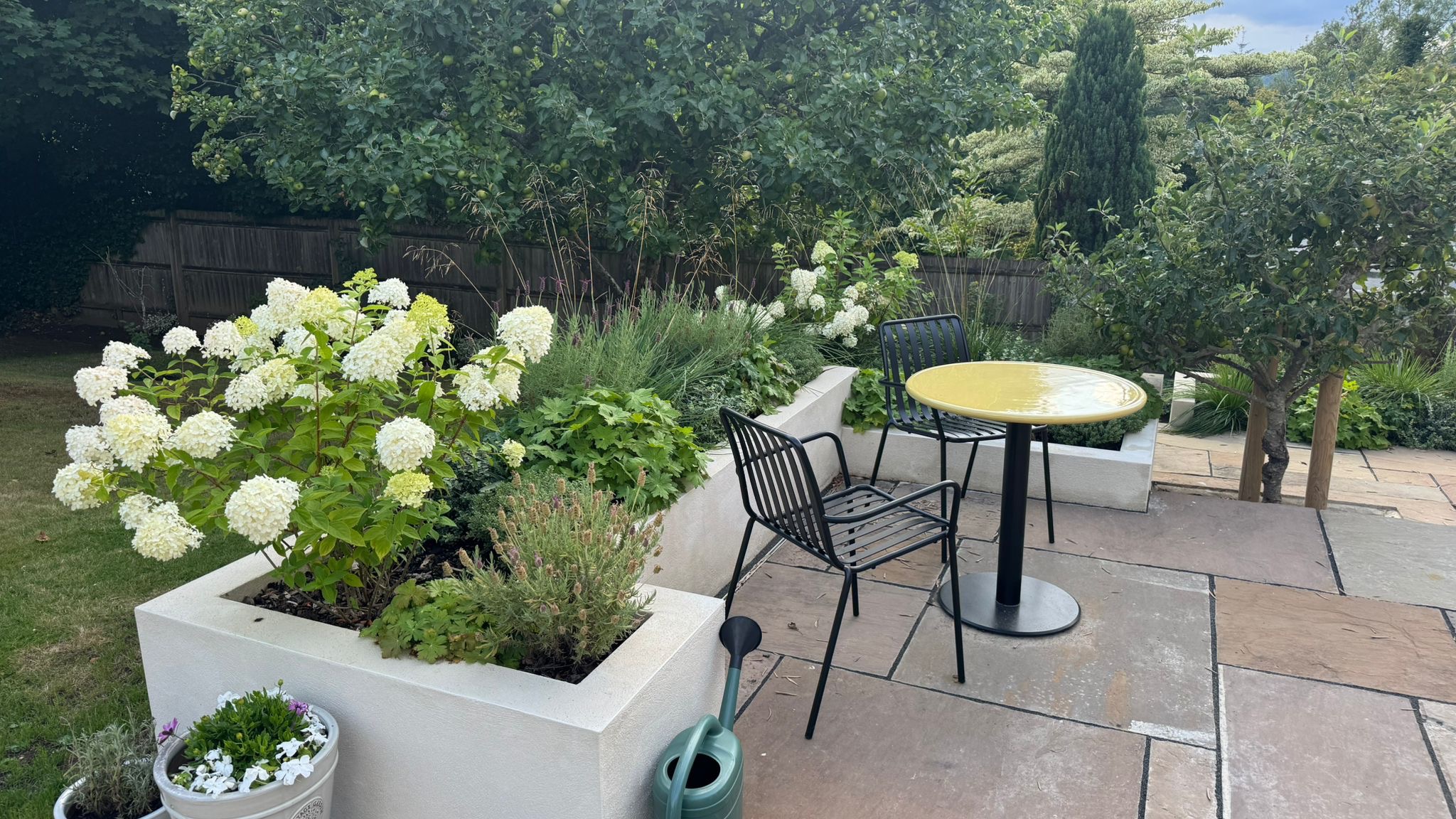 Creating a contemporary space to enjoy dining with friends or relaxing with a book #hydrangea #bistrocoffeetableset #contemporaryplanting #patiogarden