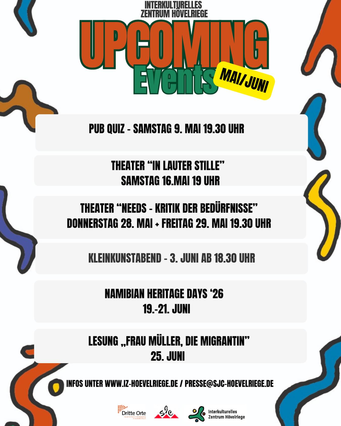 ✨ UPCOMING EVENTS im IZH ✨
Mai & Juni werden laut, kreativ und vielfältig 🎭🌍
🔸 09. Mai | Pub Quiz ab 19:30 Uhr 🧠🍻
🔸 16. Mai | Theater „In lauter Stille“ um 19 Uhr 🎭
🔸 28. & 29. Mai | „Needs – Kritik der Bedürfnisse“ jeweils 19:30 Uhr 💭🔥
🔸 03. Juni | Kleinkunstabend ab 18:30 Uhr 🎤✨
🔸 19.–21. Juni | Namibian Heritage Days ‘26 🌍🎶
🔸 25. Juni | Lesung „Frau Müller, die Migrantin“ 📚
Kommt vorbei, bringt Freunde mit und erlebt Kultur, Austausch und besondere Abende 💫
Eintritt frei 🙌
#hövelriege #interkulturell #kulturleben #theaterliebe #pubquiz kleinkunst lesung community veranstaltungen kulturverbindet mai juni eventsnrw zusammenkommen