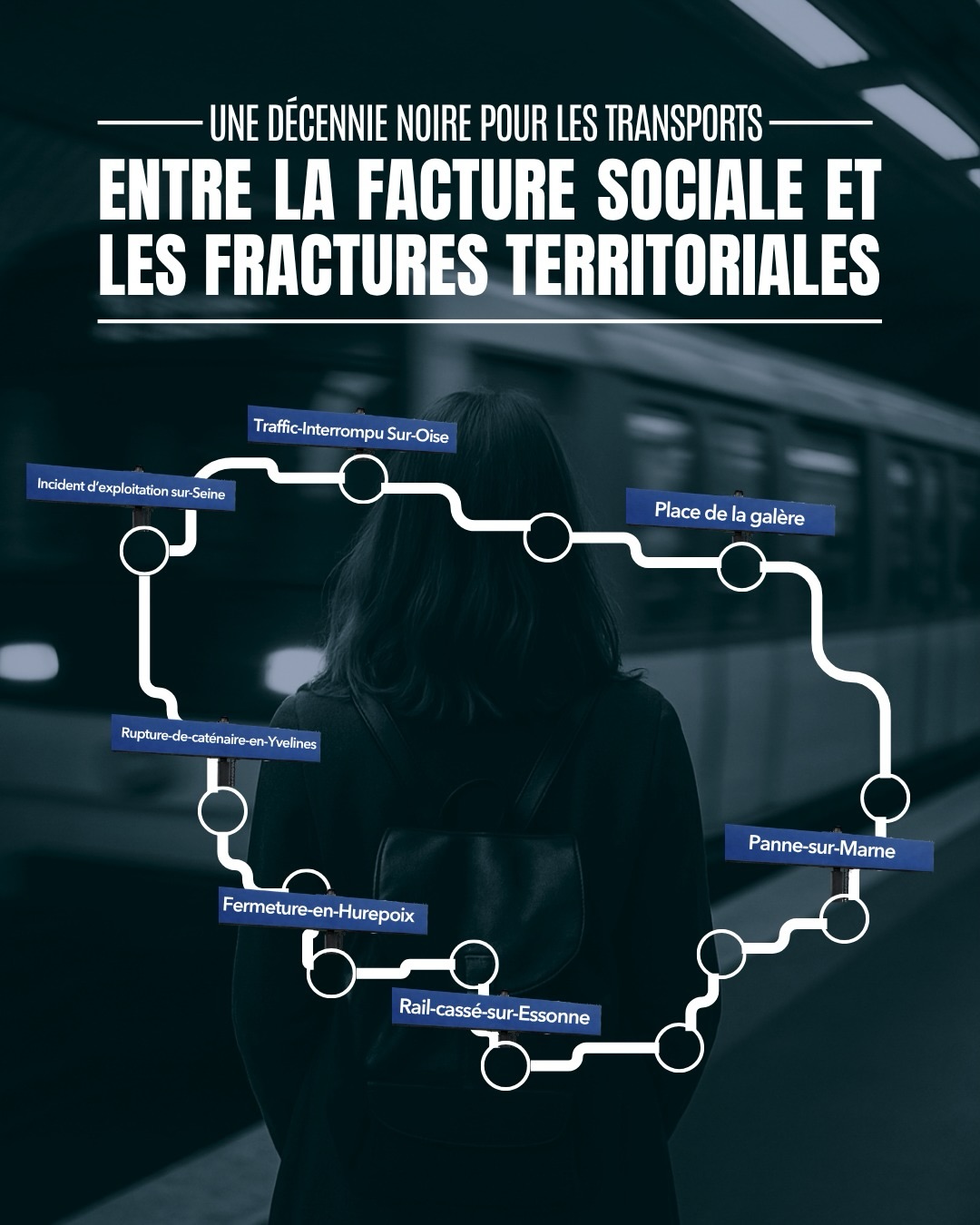 1/7 Une décennie noire pour les transports
Les tarifs s’envolent, la qualité s’effondre.
Trains bondés, retards chroniques : La révolution des transports promise est bien loin… les Franciliens paient toujours plus cher, pour un calvaire quotidien