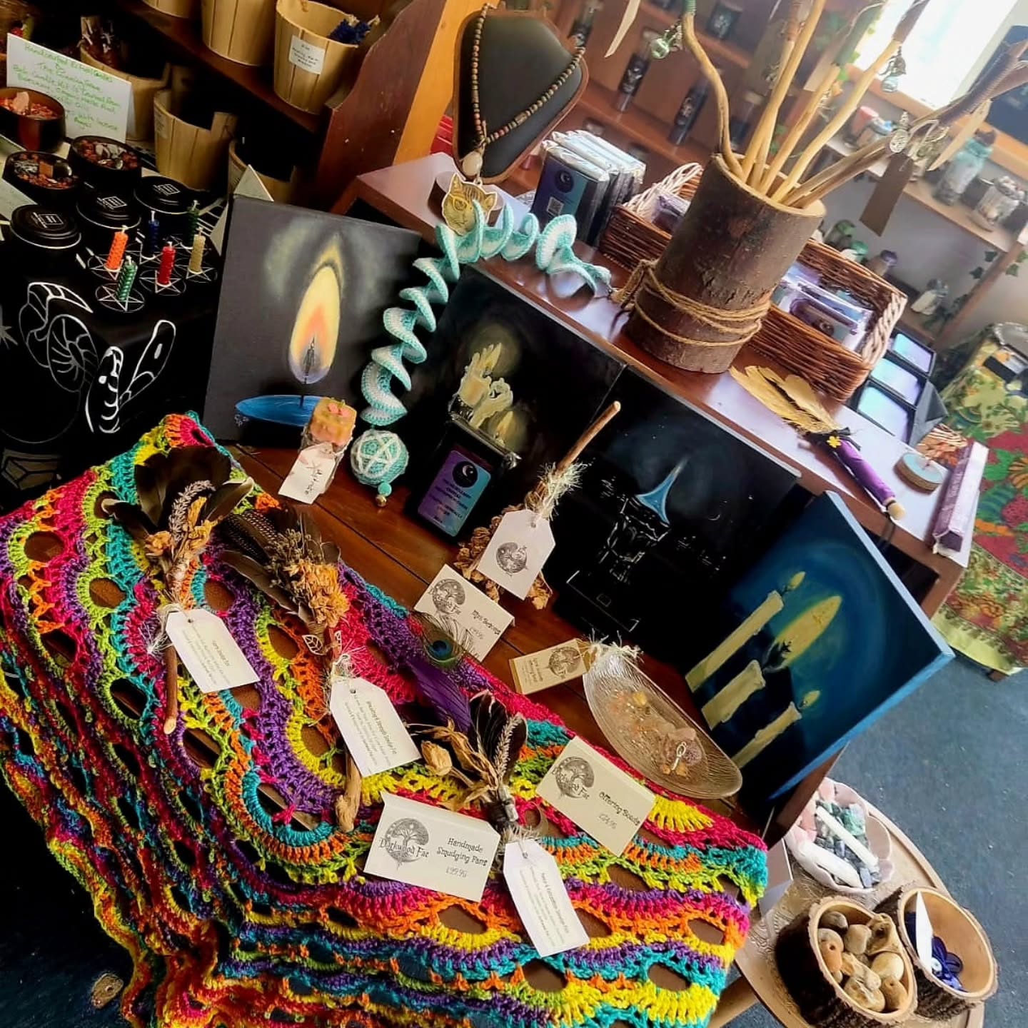 Good afternoon Wytches, I've created a little display showing off some of the work of our many creatives and crafters.
From Wands, Art, Crochet, Soap, Candles, Smudging fans and more!!
We are so lucky to have so many creative people to share the space with!
And on that note I've something really stunning and amazing coming next week!! Really excited to share someone that I've followed for a while.
See you all soon!!
Blessings of the Land Sea and the Sky ❤️❤️❤️❤️