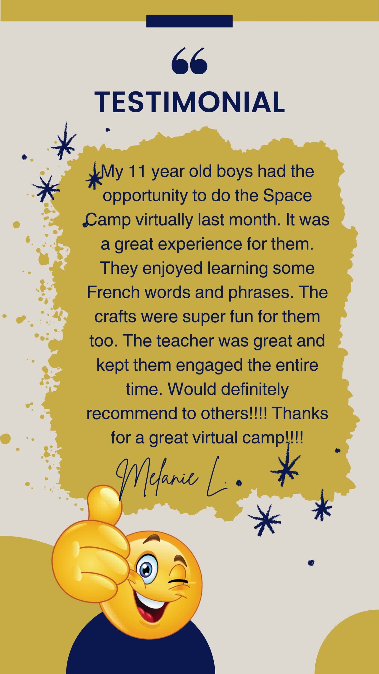 We love hearing how much our students enjoy learning!
ㅤ
A big thank you to Melanie L. for sharing this wonderful feedback.
We’re so happy to hear that her 11-year-old boys had such a great experience during our Virtual Space Camp.
ㅤ
From learning French words and phrases to diving into fun, creative crafts, keeping kids engaged and excited even virtually is exactly what we aim for. Hearing that the teacher kept them interested the entire time and that the experience was memorable truly means so much to us!
ㅤ
If you’re looking for a fun, interactive, and enriching learning experience for your child at home or in person we’d love to connect.
ㅤ
What type of camp would your child love most space, culture, language, or creativity?
Tell us in the comments!
ㅤ
Learn foreign languages at your own pace!
Let's have FUN Learning!
ㅤ
(704) 780-1188
https://vist.ly/4xxmn
ㅤ
#HorseEducationGroup #VirtualCamp #LanguageLearningFun #FrenchForKids #CreativeLearning #HappyFamilies #KidsWhoLearn