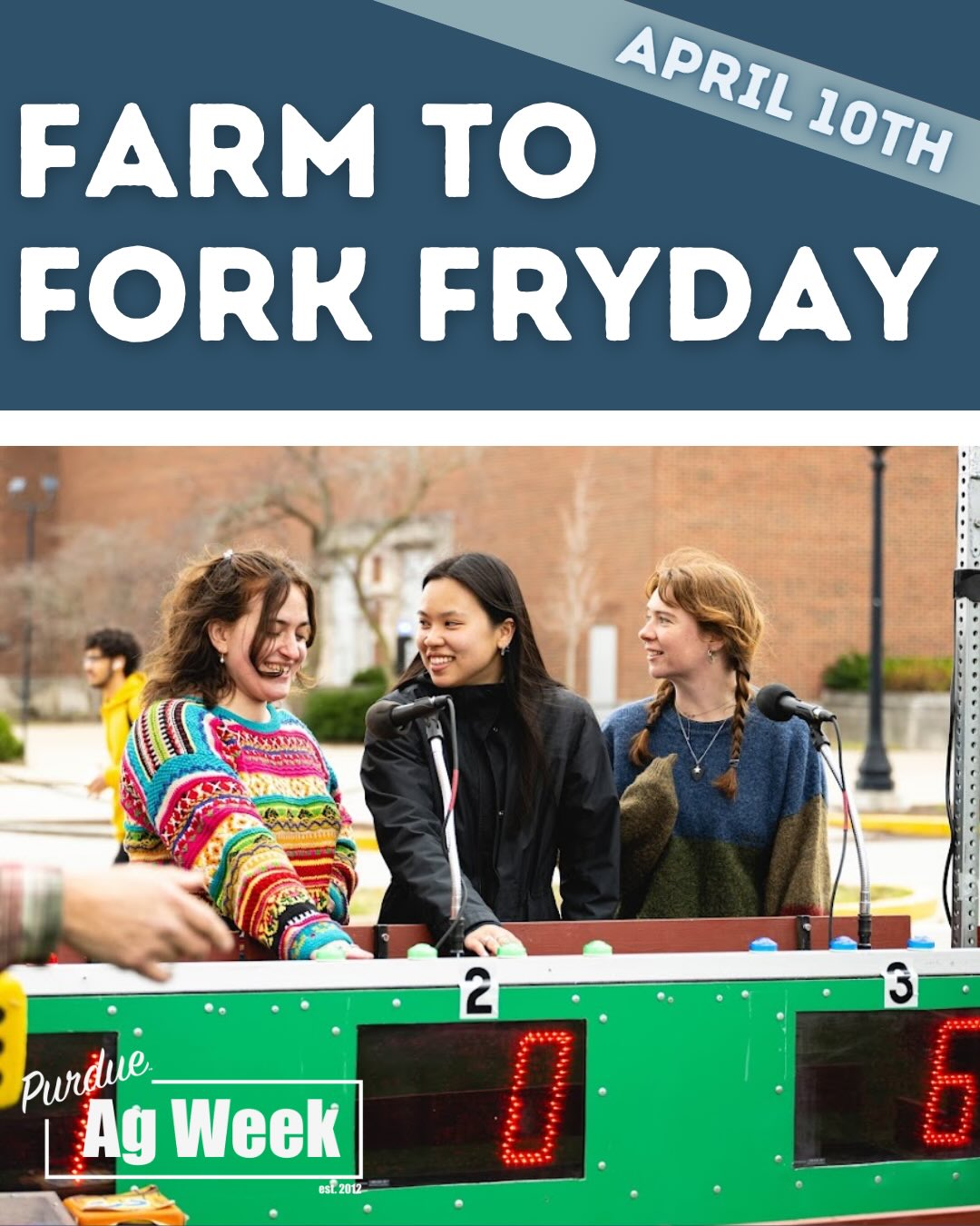 Don’t miss the final day of Ag Week 2026. Head to Memorial Mall from 10:00 a.m. - 2:30 p.m. to learn how your food gets from farm to table, meet with attendees, and grab some pork tenderloins and fries.
-
This is your last chance to get this year’s Ag Week promo items, don’t miss out! Promo drops at 10:00 a.m. and 1:00 p.m., and make sure to enter our 15 year anniversary raffle.
-
We hope to see you there!
-
#purdueagweek #farmtoforkfryday #educate #engage #inspire
