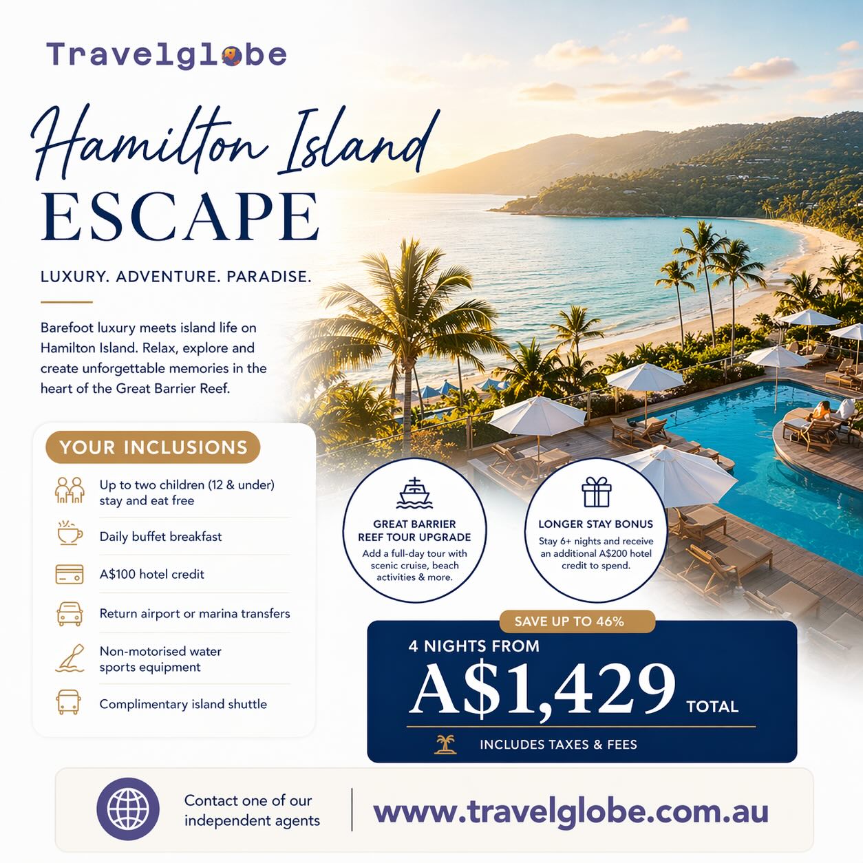 Hamilton Island but done right.
This is one of those easy yes holidays… beautiful, relaxed and everything is already taken care of.
Wake up by the water, slow down properly, and actually enjoy your time away without overthinking it.
What you get:
• Daily breakfast
• A$100 hotel credit
• Transfers included
• Water sports + island shuttle
• Kids stay & eat free
Plus the option to upgrade to the Great Barrier Reef or stay longer and enjoy even more.
4 nights from A$1,429 total
If you’ve been thinking about a Whitsundays escape, this is a really good one.
Enquire now or connect with one of our Travelglobe agents
www.travelglobe.com.au
T&Cs apply
#holiday #hamiltonisland #queensland