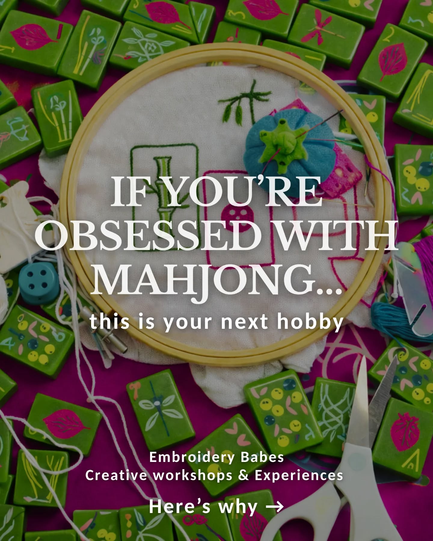 the tiles clicking into place. the way your brain just… quiets down.
that's hand embroidery.
bam. dot. crack. one stitch at a time.
if you love the ritual of mahjong — the setup, the focus, the zone — this is the hobby you didn't know you needed.
few seats left this Spring across NJ + NY:
📍 tue 4.29 • ridgewood, nj — stitch & sip (mahjong edition 👀)
📍 tue 4.29 • waldwick, nj
📍 wed 4.30 • rye, ny
📍 fri 5.2 • westwood, nj
📍 sun 5.4 • englewood, nj
no experience needed. you leave with something you'll actually wear or gift.
✨ private parties, corporate events + diy kits also available.
grab your spot → link in bio
embroiderybabes.com
#MahjongNight #EmbroideryWorkshop #NJEvents #StitchAndSip #ThingsToDoNJ