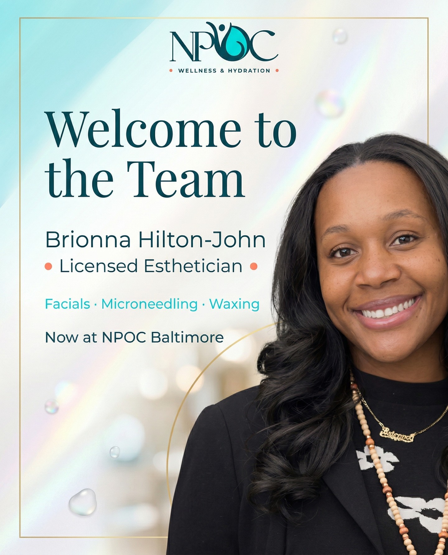 She's here — and your skin is going to thank you. ✨
NPOC Wellness & Hydration is thrilled to welcome Brionna Hilton-John to our Baltimore team as our newest Licensed Esthetician.
Brionna specializes in:
✦ Facials
✦ Microneedling
✦ Waxing
Whether you're looking to refresh, restore, or reset your skin, she brings the expertise and the care to get you there.
Stop by and meet her at our Baltimore location — we'd love to introduce you. 💧
Give her a warm welcome and follow her journey → @motherlands_garden
📍 NPOC Wellness & Hydration — Baltimore, MD
🔗 Link in bio to explore membership options
#NPOCWellness #WelcomeToTheTeam #Esthetician #Microneedling #FacialTreatment
Microneedling services are performed by a licensed esthetician and are available following appropriate skin consultation. Results may vary by individual. Not intended as medical advice.