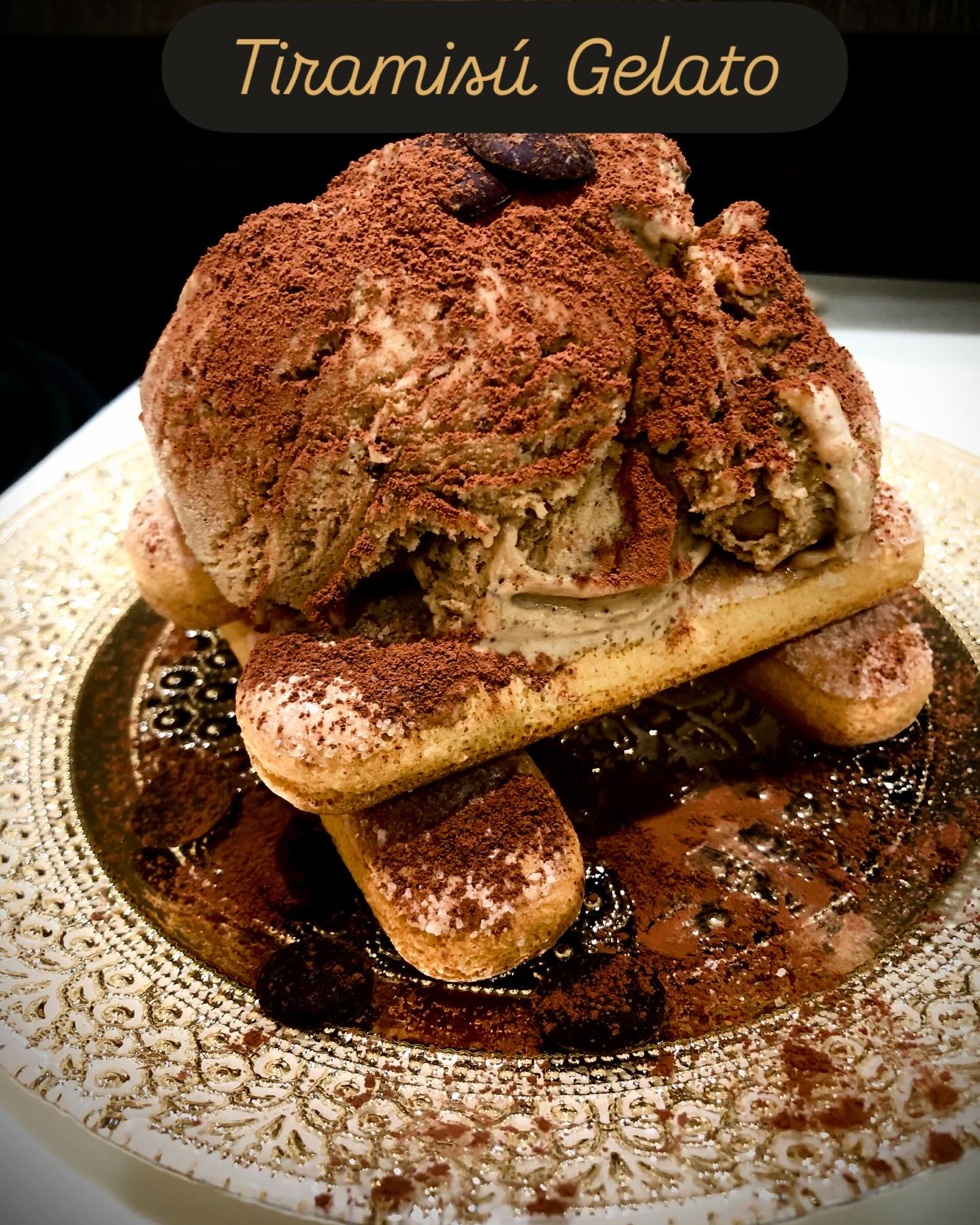 Tiramisú Gelato ☕️ 🍫 🍷 = 🍨
Custard-based gelato with milk infused with coffee beans and chopped chocolate and finished with Marsala wine.
Assembled with savoiardi cookies and dusted with cocoa powder