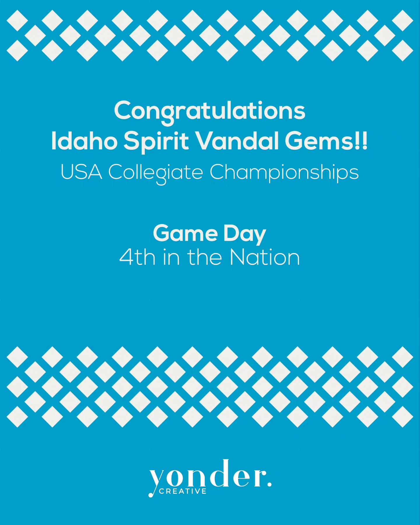 Big congratulations to @idahospirit on placing 4th Place in Game Day at the USA Collegiate Championships! Watching our clients compete and place nationally never gets old. So proud of everything this team accomplished this season.
#YonderCreative #DanceTeam #USACollegiate #GameDay #DanceTeamMix