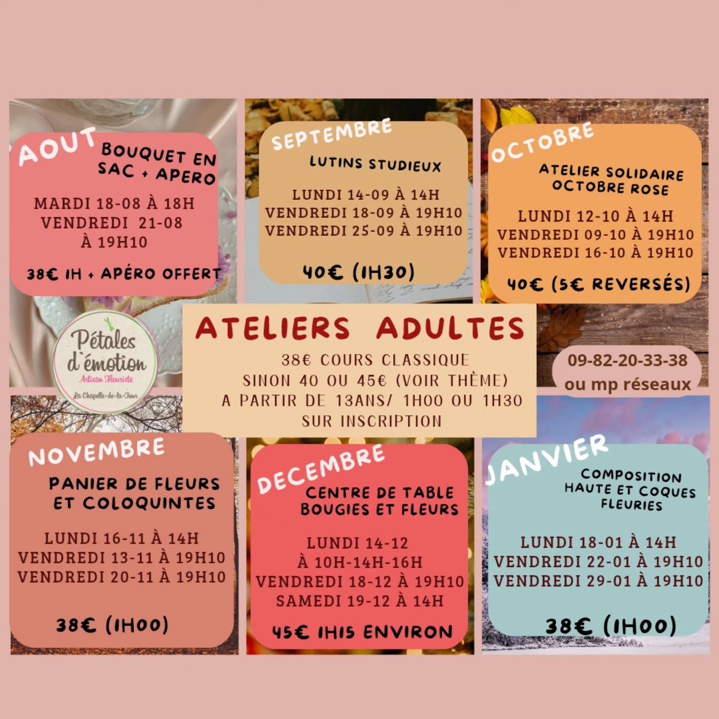 ⚠️ Nouvelles dates Ateliers adultes ! ⚠️
Et voici comme promis les dates du second semestre !
Côté adulte (+de 12ans) , toujours de nouveaux thèmes, 7ans que l'on ne fait JAMAIS la même chose et là, on s'est surpassées en termes d'idées 😂
Attention, les lundis sont maintenant les dates qui se remplissent le plus vite. Nous restons sur 2 vendredis soir jusqu'à janvier, voir si celà vous plaît toujours d'avoir le choix même si nous les remplissons un peu moins du coup (logique 🙄😉)
8 personnes en moyenne par vendredi et 12 en général le lundi.
Si beaucoup de demandes le lundi nous verrons pour trouver une solution en 2027 🫶
Je vous laisse me contacter en mp pour toute inscription
Nous vous rappelons qu'il est demandé d'annuler le plus tôt possible pour nous laisser le temps de proposer à d'autres votre place. Le matériel est acheté, c'est important pour nous que chacun se responsabilise sur son inscription et sa présence.
À très vite pour de beaux moments partagés!
Je partage aussi le planning de mai à juillet car il reste quelques places les vendredis essentiellement et les thèmes sont super cools 🌺
🌷🌺🌹🪷💐🌸💮🪷🌷🌹🪷💐🌸💮🏵️🪻💐🌷🪷
#petalesdemotion
#lachapelledelatour
#fleuriste
#38110
#fleurs