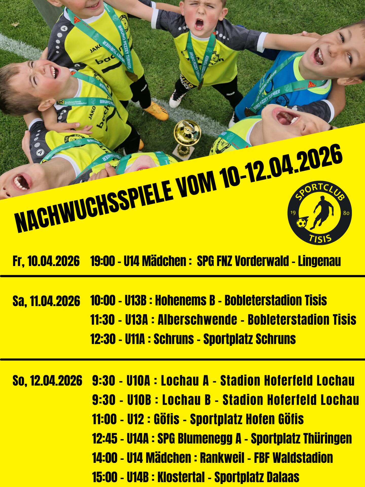 ⚽🔥 Nachwuchs im Einsatz! 🔥⚽
Dieses Wochenende stehen wieder zahlreiche spannende Turniere für unsere Nachwuchsmannschaften an 💪💛
Unsere Kids geben alles auf dem Platz – mit Teamgeist, Leidenschaft und jeder Menge Spaß am Spiel!
Kommt vorbei, unterstützt unsere Talente und sorgt für tolle Stimmung 👏🙌
#Nachwuchs #Fußballliebe #Teamgeist #Turnierwochenende #sctisis