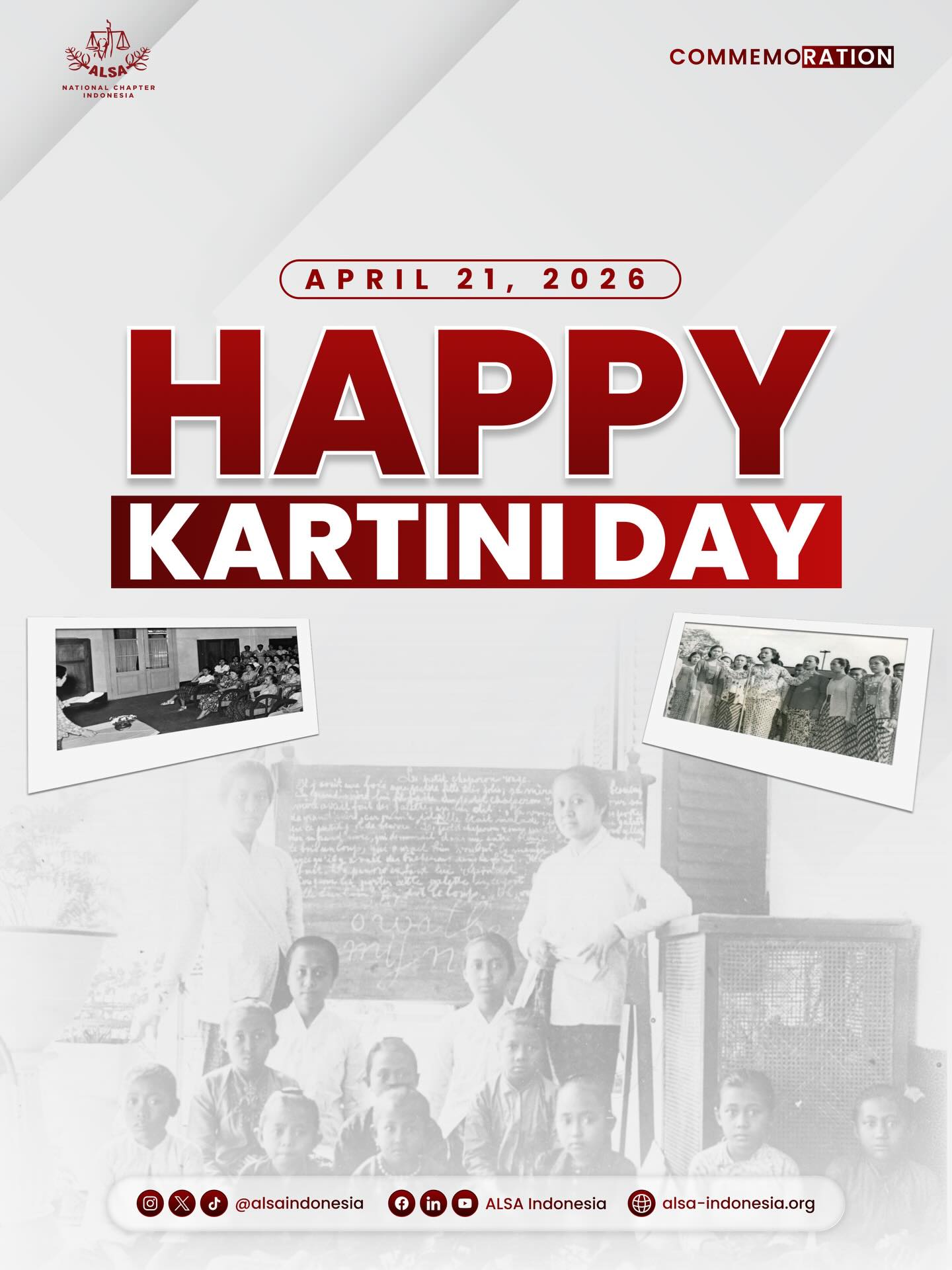 Warm Greetings, ALSAians!
A woman’s strength lies in her mind and her courage to stand for what is right. On this day, we commemorate the life and struggle of R.A. Kartini, the pioneer of Indonesian women’s emancipation.
ALSA Indonesia wishes you a Happy Kartini Day!
Let us continue to uphold the values of equality and empowerment in everything we do. Together, we can turn every challenge into an opportunity for growth.
ALSA, Always be One!