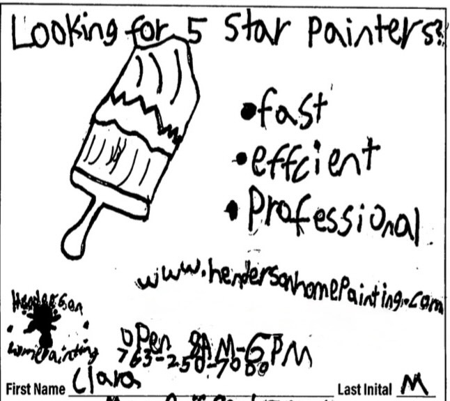 Move over, Picasso! Our latest ad in the Star News was hand-drawn by a local 5th grader.
At Henderson Home Painting, we love our community as much as we love a fresh coat of paint. Check out this awesome artwork!
Helping Elk River stay colorful, one house at a time.
#HendersonHomePainting #CommunityFirst #professionalpaintingservices #elkriver #elkrivermn