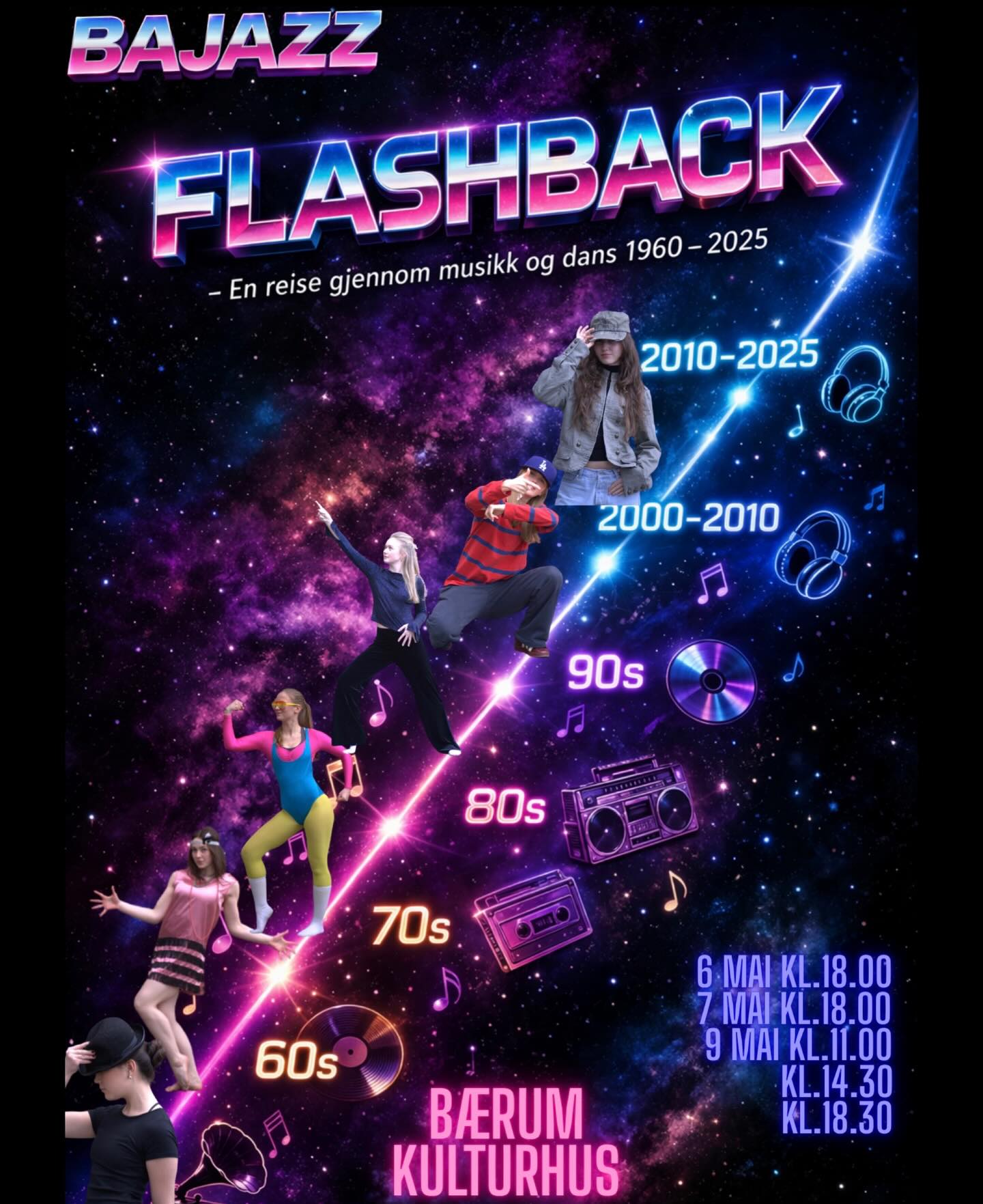 FLASHBACK 2026
Vi ska en del tilbake i tid, og gjenoppleve en del gjennom tidene på forestillingen! Vil du få en flashback av fortiden??? Bli med på litt av en reise når vi tar dere med på en reise gjennom musikk og dans fra 1960-2025🔙🔜🎞️🎥🪩💃🏽
Billetter 🎫: I bio
Sted 📍: Bærum kulturhus
Dato 📅: 6-9 mai