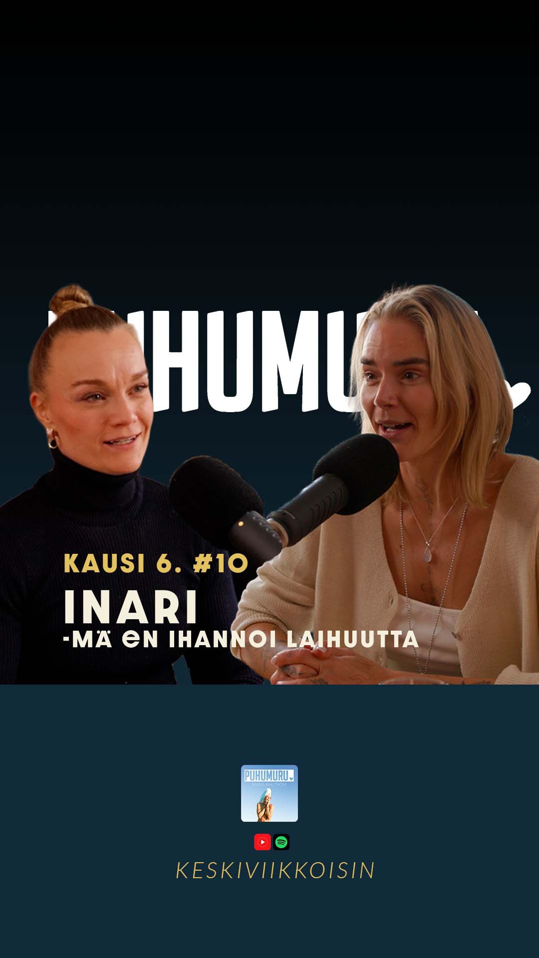 UUSI PODJAKSO ULKONA NYT 💖🔥 KAUSI 6. #10 INARI @inarimolsa -mä en ihannoi laihuutta.
Meidän piti alun perin puhua Inarin kanssa jostain ihan muusta, mutta kun kaksi liikuntaa rakastavaa ihmistä istuu alas, niin kas, siitä tulikin sitten koko jakson verran asiaa treenaamisesta, motivaatiosta ja kehosta. 😅🙄🤙
Mun vieraana on tässä jaksossa liikunta-alan ammattilainen Inari (ja mun entinen pelikaveri), jossa on ollut kilpailuviettiä pienestä saakka. Me pohditaan sitä, mikä liikkumisen ytimessä oikeastaan on ja voiko kaikkein kestävin motivaatio syntyä silloin, kun tekemistä ei ohjaa pelkästään ulkoinen tavoite. Inaria ei ole koskaan kiinnostanut oman painon heilahtelu vaan tangon päässä olevien painojen “heilahtelu”. 💪💪💪
Puhutaan myös siitä, miksi kaikille ei sovi sama tapa liikkua, saako kehoaan haluta muokata ja miten tavoitteen pitäisi lopulta tukea sun omaa tahtotilaa eikä jonkun muun ihannetta.
Tää jakso on sulle, jos haluat miettiä liikuntaa, kehoa ja motivaatiota vähän rehellisemmin ja silti lempeästi.
P.S Juttua Inarin kanssa riitti niin paljon, että tästä tuli kaksiosainen. Seuraavassa jaksossa hypätäänkin sitten ihan toiseen maailmaan eli ässäbileisiin.
Mainos. Tämänkertaisen jakson sponsoroi Edel – ja sulle on siellä ihana etu: saat -70 % alennuksen ensimmäisestä tilauksesta koodilla PUHUMURU. 💛👉 EDEL.FI #hyvinvointi #liikunta #podcast