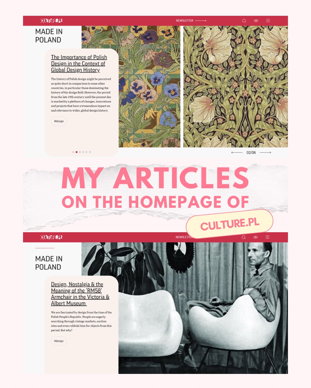 When your research lands on the front page of Poland’s biggest platform for sharing Polish culture with international audiences. 🙈
Each week, @culture_pl curates a themed homepage — this week’s theme is Made in Poland. All of my pieces for them explore Polish design history, written with the aim of introducing its beauty and significance to readers who may not yet know how deeply it shapes global design conversations. 🪑
Seeing some of my articles on the homepage — with two highlighted in the top six — genuinely means a lot! It’s another way these stories reach a wider audience and continue the work of bringing overlooked design histories into view. 🇵🇱
The articles featured:
⭐ The Importance of Polish Design in the Context of Global Design History
⭐ Design, Nostalgia & the Meaning of the ‘RM58’ Armchair in the Victoria & Albert Museum
⭐ Made in Poland: The Famous Manufactories You Didn’t Know Were Here
⭐ A Guide to the Best Resources on Polish Design in English
You can read them on culture.pl or find all the links in my bio. 📖
•
•
#wzornictwo #polishdesign #designhistory #polishculture #designjournalist