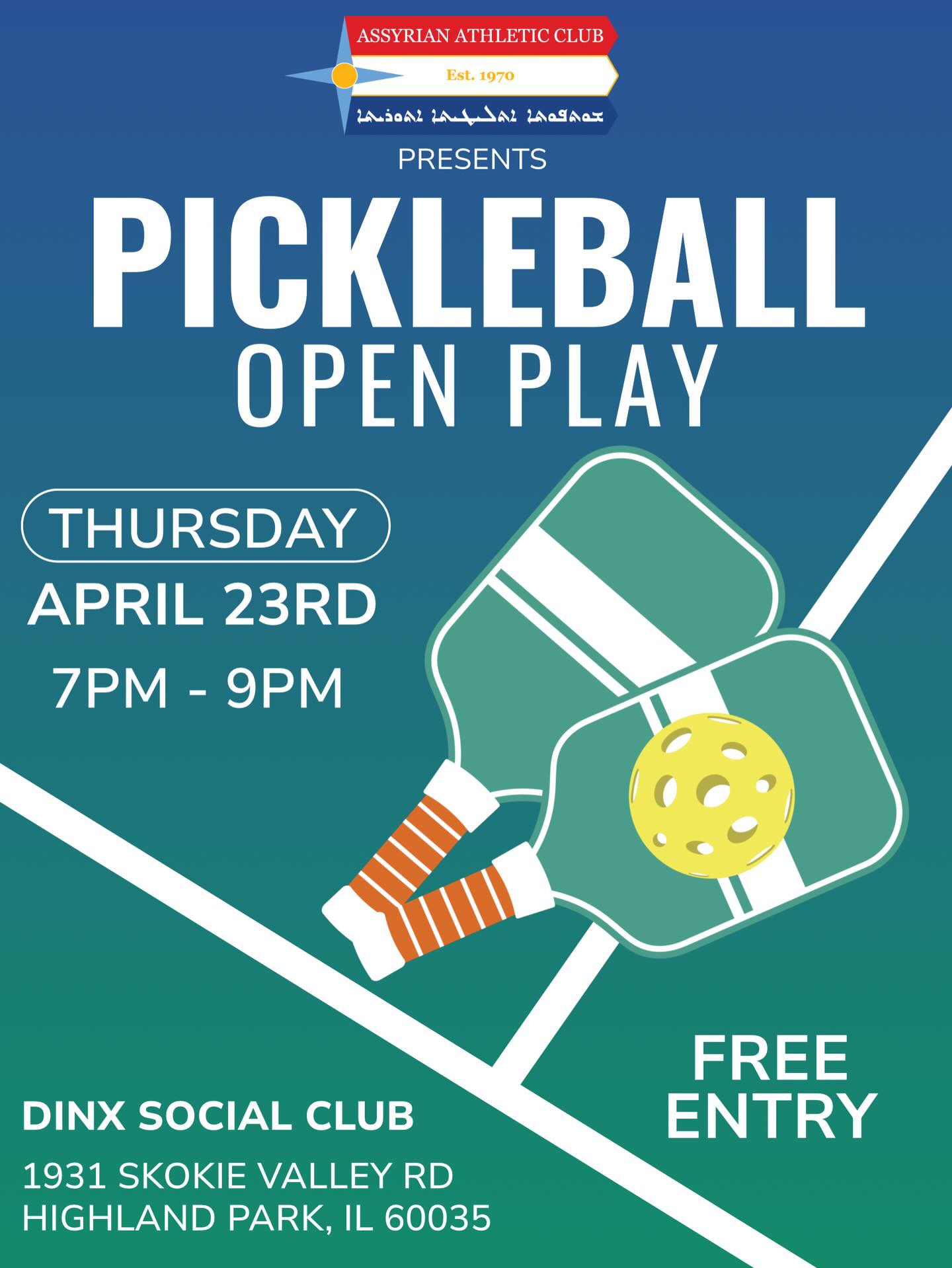 APL is having an Open Play this Thursday at DINX Social Club from 7-9PM! This is open to everyone and entry is free. Please make sure to check in at front desk to ensure your entry. See you all Thursday!