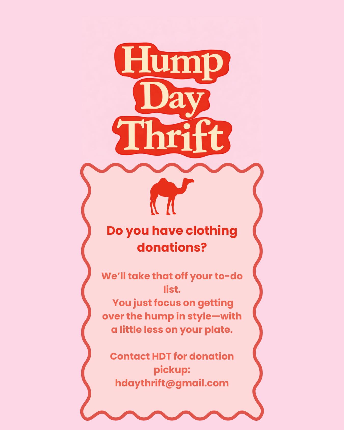 HAPPY HUMP DAY 🐪🌈
Is the donation drop off on your to-do list?
Let us take it off!
Email us to arrange donation pickups!
We got you. Let us get you over that pesky weekly hump!
#calgarythrift #donate #yyc #hdt #consignment