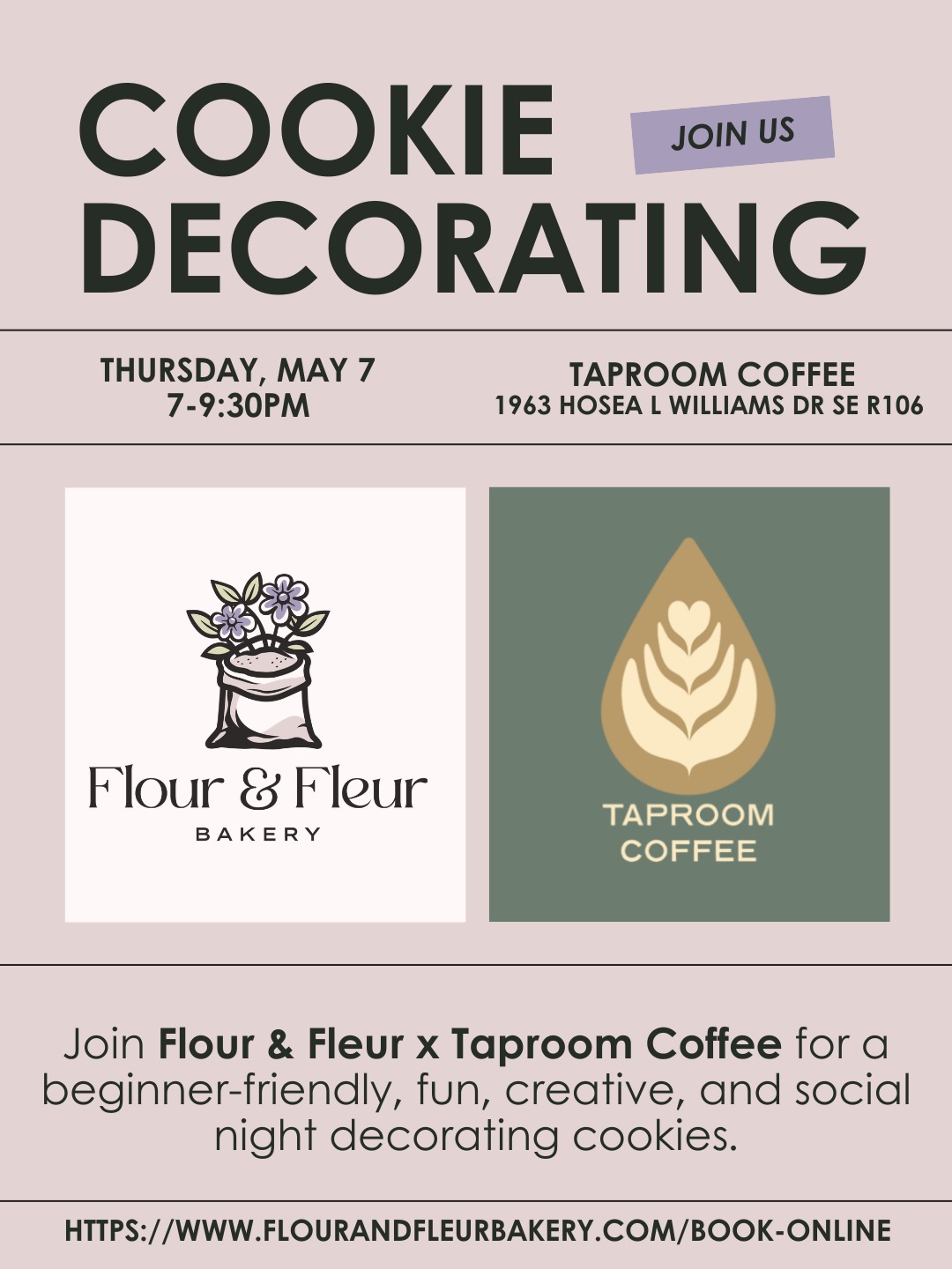 Join Flour & Fleur x Taproom Coffee for a fun, hands-on cookie decorating class—perfect for a girls night, date night, solo night out, or just trying something new 🍪✨☕️
🗓 May 7
⏰ 7:00–9:30 PM
📍Taproom Coffee
You’ll decorate 4 cookies inspired by a spring + coffee shop theme, with step-by-step guidance (no experience needed!)
🎟 Tickets are $60 + spots limited—reserve yours now at https://www.flourandfleurbakery.com/book-online or at the link in bio