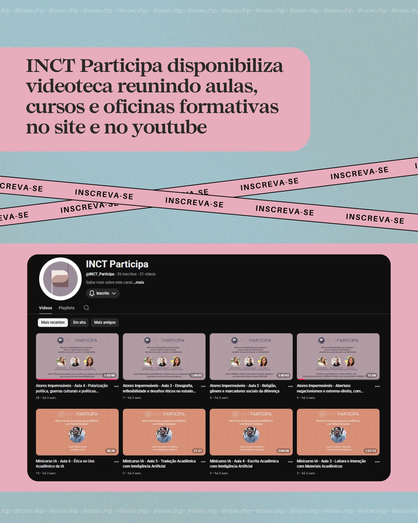 🎥 O INCT Participa acaba de lançar a sua Videoteca, reunindo aulas, cursos e oficinas produzidos no âmbito do instituto
Já estão disponíveis as aulas da disciplina colaborativa “Seminários Temáticos da Pós-Graduação – participação, associativismo e confronto político”, com pesquisadores de diferentes lugares do país, além dos minicursos “IA para Pesquisa Acadêmica”, com Rafael Cardoso Sampaio, e “Metodologias para pesquisar atores e lugares impermeáveis”, com pesquisadoras e pesquisadores do INCT Participa.
A videoteca seguirá sendo atualizada com novos conteúdos e atividades ao longo do tempo, ampliando o acesso a debates e ferramentas fundamentais para a pesquisa.
Assine o canal no YouTube do INCT (youtube.com/@INCT_Participa) e continue acompanhando os vídeos que serão publicados por lá!