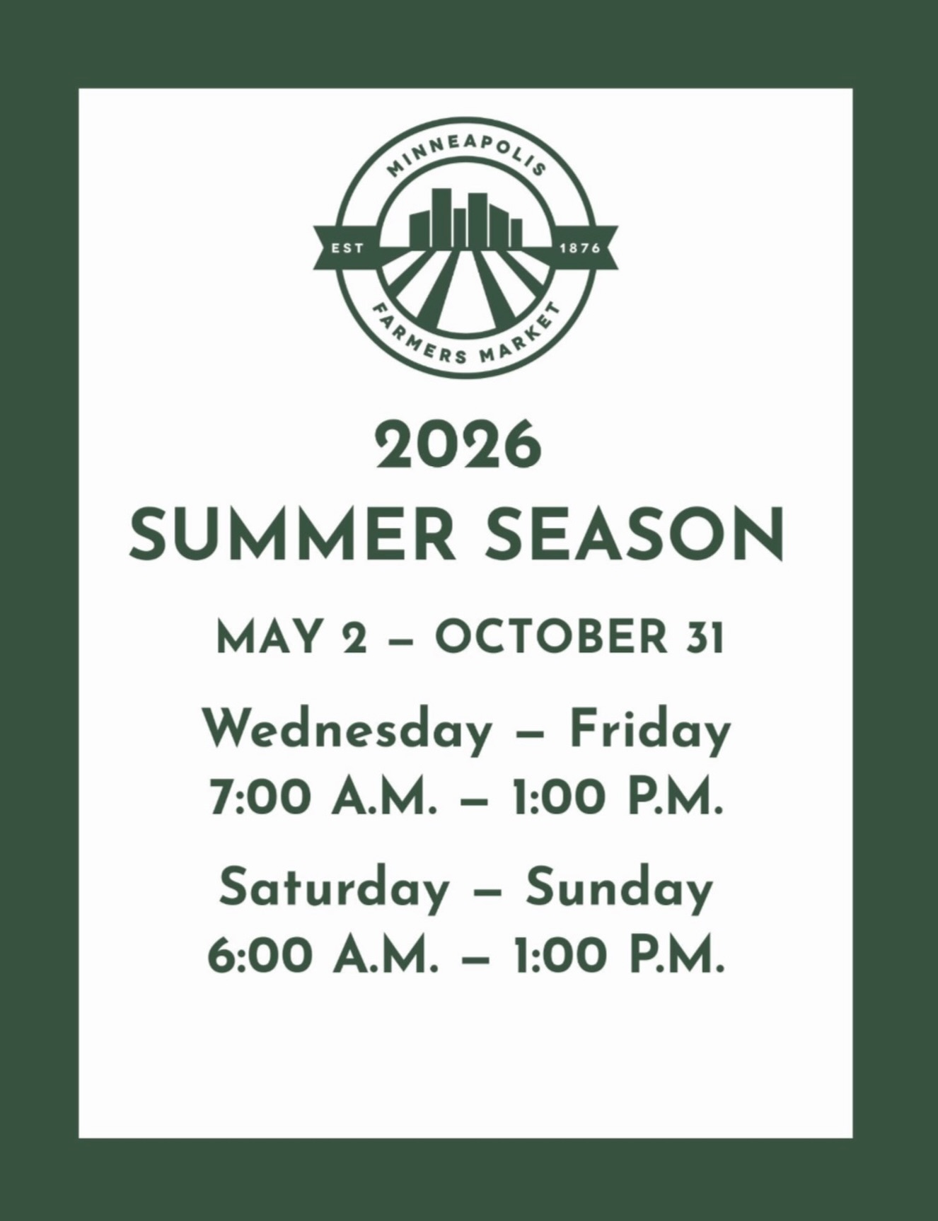 2026 summer season hours are official! 🌱 💐
We’re back into the full swing of things on Saturday, May 2 and we can’t wait to see you there. Expect around 30 vendors that first weekend and more every weekend after.
& if you need a taste of the market before then, winter market is still happening every Saturday through the end of the month.