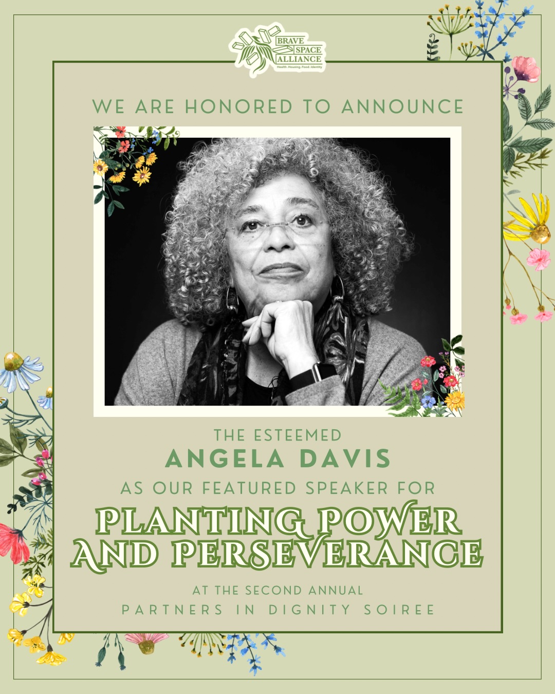 We are truly honored to announce esteemed activist and revolutionary Angela Davis as a key speaker at this year’s Partners in Dignity Soiree: Planting Power and Perseverance.
An incredibly influential Black, queer leader of change across so many marginalized communities, Davis is joining us at this year’s soiree to speak on her work as an advocate and educator as part of a larger discussion on the importance of building community and coalition to create lasting change. We hope you join us in this moment of reflection and celebration at Brave Space Alliance’s second annual fundraising soiree 🌷🧡
Get your tickets for the 2026 Partners in Dignity Soiree at bit.ly/pids2026 or at the link in our bio and join us on May 21 at Venue West for Planting Power and Perseverance.
#soiree #partnersindignity #featuredspeaker #angeladavis #bravespacealliance
