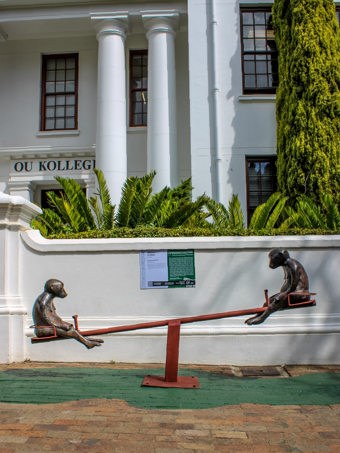 MONKEY BUSINESS by Wilma Cruise - @wilmacruise
2015 | Bronze, stainless steel | Church Street, between Andringa Street and Ryneveld Street, closer to the Dorp Street side.
Monkey Business explores the tensions around habitat and space between humans and animals in the Western Cape. People and Baboons interface in the Cape, where the two species often confront each other across an abyss of incomprehension in a clash of wits and will. It is a meeting of nature and culture — the animal and the human, with outcomes sometimes tragic and often humorous.
Learn more → sost.co.za/artwork/monkey-business
Dreamscapes - Form and space through curious eyes curated by Dr Mike Mavura @mikemavura_ | 26 February 2026 – 30 January 2027
Presented by the Stellenbosch Outdoor Sculpture Trust, @visitstellenboschnow, and proud patron, Private Clients by Old Mutual.
#SOST #Dreamscapes #Stellenbosch #WilmaCruise #WealthCurated