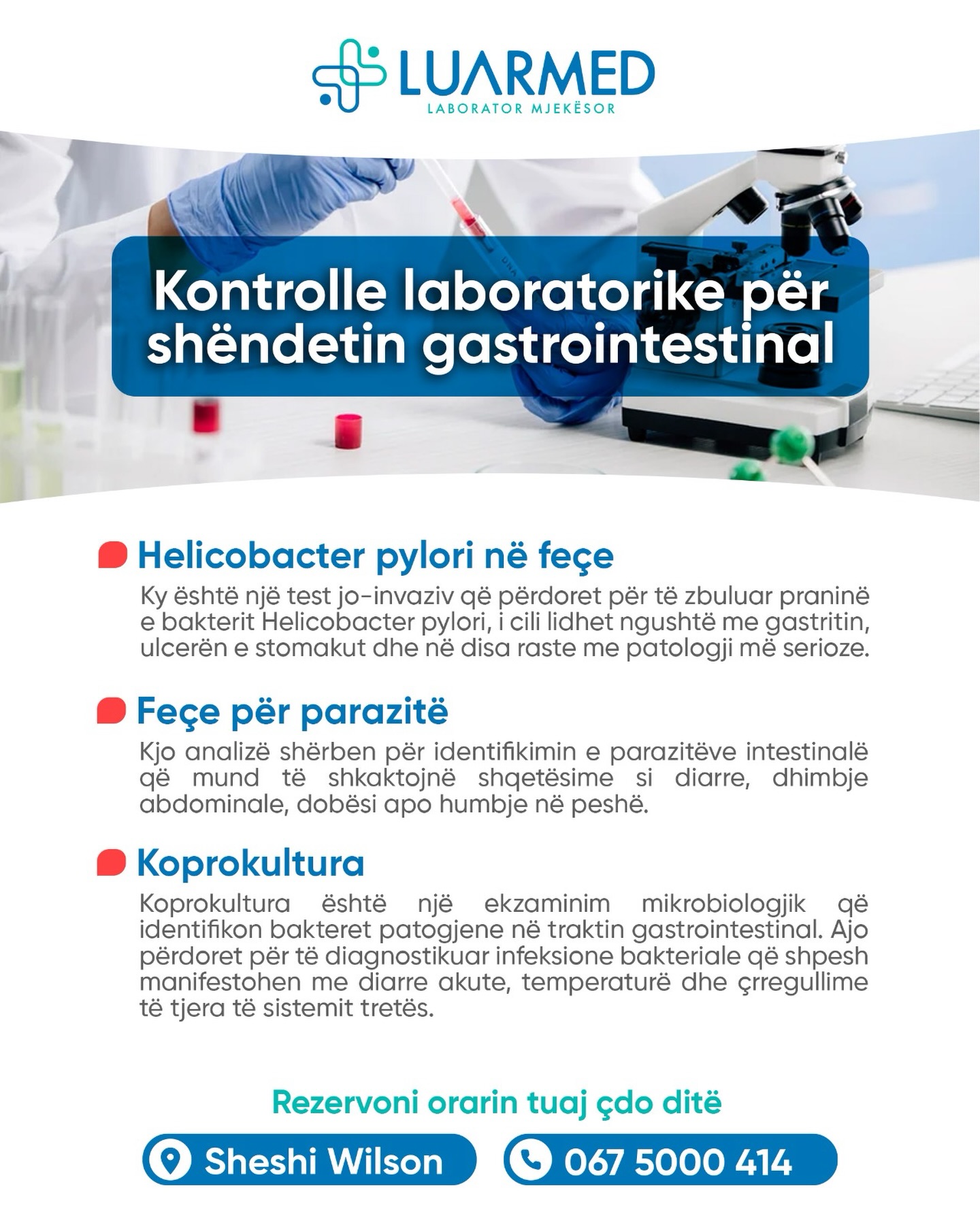 Për një kontroll të plotë të shëndetit gastrointestinal, vizitoni LUARMED.
✅ Helicobacter Pylori në feçe
✅ Feçe për parazitë
✅ Koprokulturë
Rezervoni orarin tuaj çdo ditë
📍 Adresa: Sheshi Wilson
📞 Kontakt: 067 5000 414
#Luarmed #Laborator #Tirana