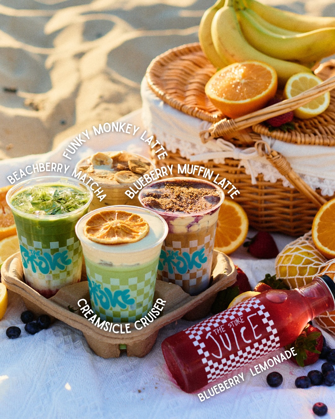 new drinks just dropped 🍊🫐🍓
•Blueberry Muffin Latte: espresso, blueberry syrup, vanilla ube cold foam + cinnamon sugar graham crumble
•Creamsicle Cruiser: vanilla matcha, creamsicle cold foam, orange wheel
•Blueberry Lemonade: organic lemonade + blueberry
•Funky Monkey Latte: espresso, banana, pb cold foam, cinnamon + banana chips
•Beach Berry Matcha: matcha, strawberry puree + milk