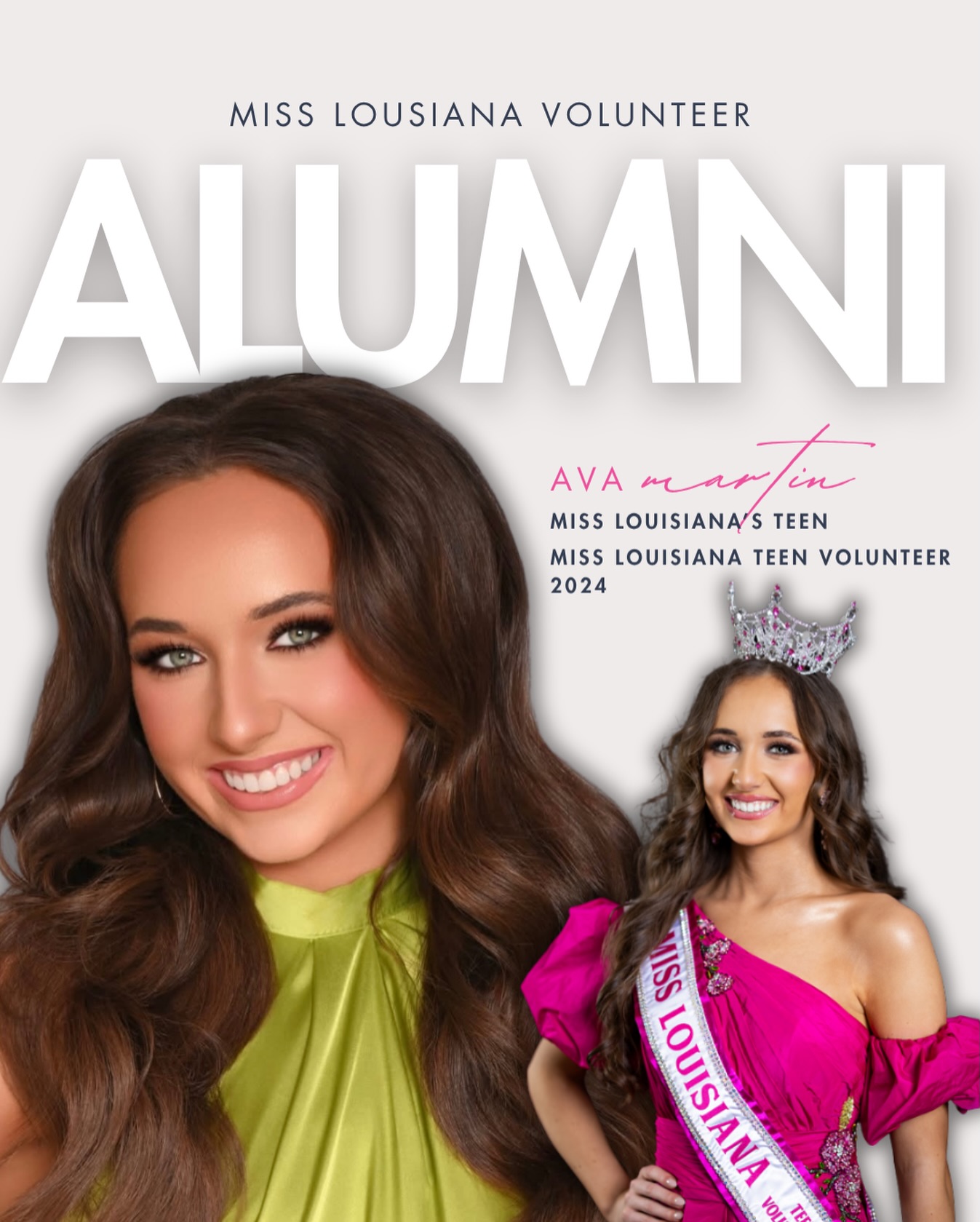 Congratulations to, Ava Martin! 🤍✨
We are beyond proud to celebrate you as the new Miss Louisiana’s Teen.
Watching you step into this moment is so special, and it’s a reflection of the hard work, heart, and dedication you’ve poured into your everyday life.
At Miss Louisiana Volunteer, our greatest joy is seeing our girls grow, step into who they are, and shine on every stage they walk onto and you are doing exactly that.
We are always in your corner, cheering you on and supporting you every step of the way.
Your future is so bright, and we cannot wait to see all that you accomplish this year 🤍