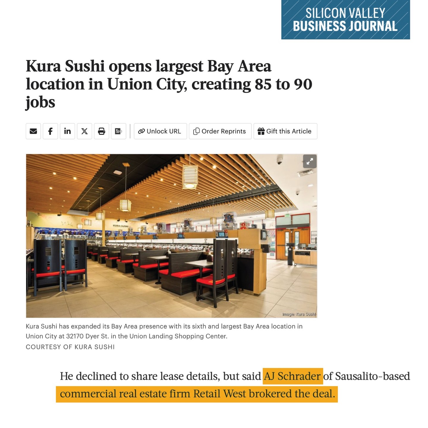 Kura Sushi has expanded its Bay Area presence with its sixth and largest Bay Area location in Union City at 32170 Dyer St. in the Union Landing Shopping Center. The deal was brokered by our very own AJ Schrader! 👏🔥