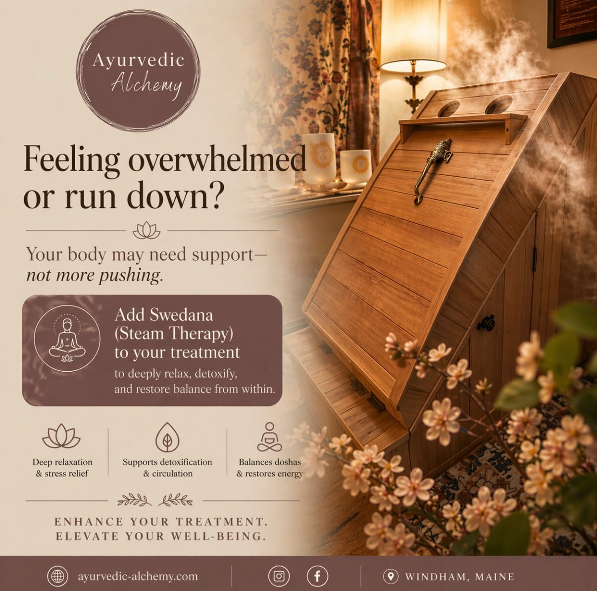 Feeling overwhelmed or run down?
Sometimes the body isn’t asking for more effort…
it’s asking for support.
In Ayurveda, Swedana (steam therapy) is used to gently open the channels, encourage detoxification, and bring the body back into balance.
When added to your treatment, it can help:
• release built-up tension
• support circulation + lymphatic flow
• calm the nervous system
• restore a deeper sense of energy
✨ For deeper results, pair Swedana with Marma Therapy
a powerful combination that supports both the physical body and the subtle energy pathways.
This is why so many clients are loving it as an add-on.
If your body has been feeling heavy, tired, or stuck…
this may be exactly what it’s asking for.
Now offering Swedana (steam therapy) as an add-on to treatments.
📍 Windham, Maine
〰️ Book through the link in bio
#ayurvedictherapy #swedana #steamtherapy #marmatherapy #holistichealing
