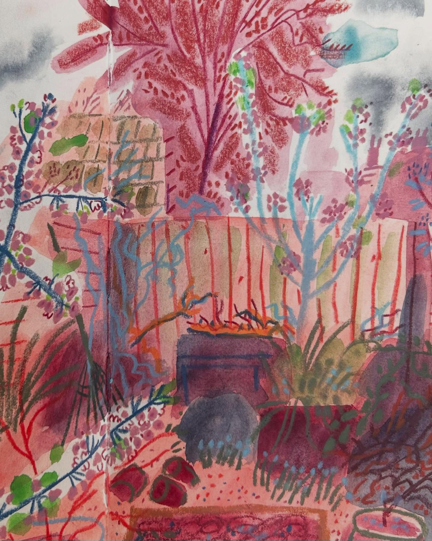 I came back from Bologna inspired to get back out and paint and draw in my sketchbook. This is in our back garden, with all of our tiny fruit trees in blossom! This is made in gouache, @carandache neocolour and neoart (my new favourite art material!)
#childrensbookillustrator #illustrationart #walktosee #backgarden #pleinairpainting