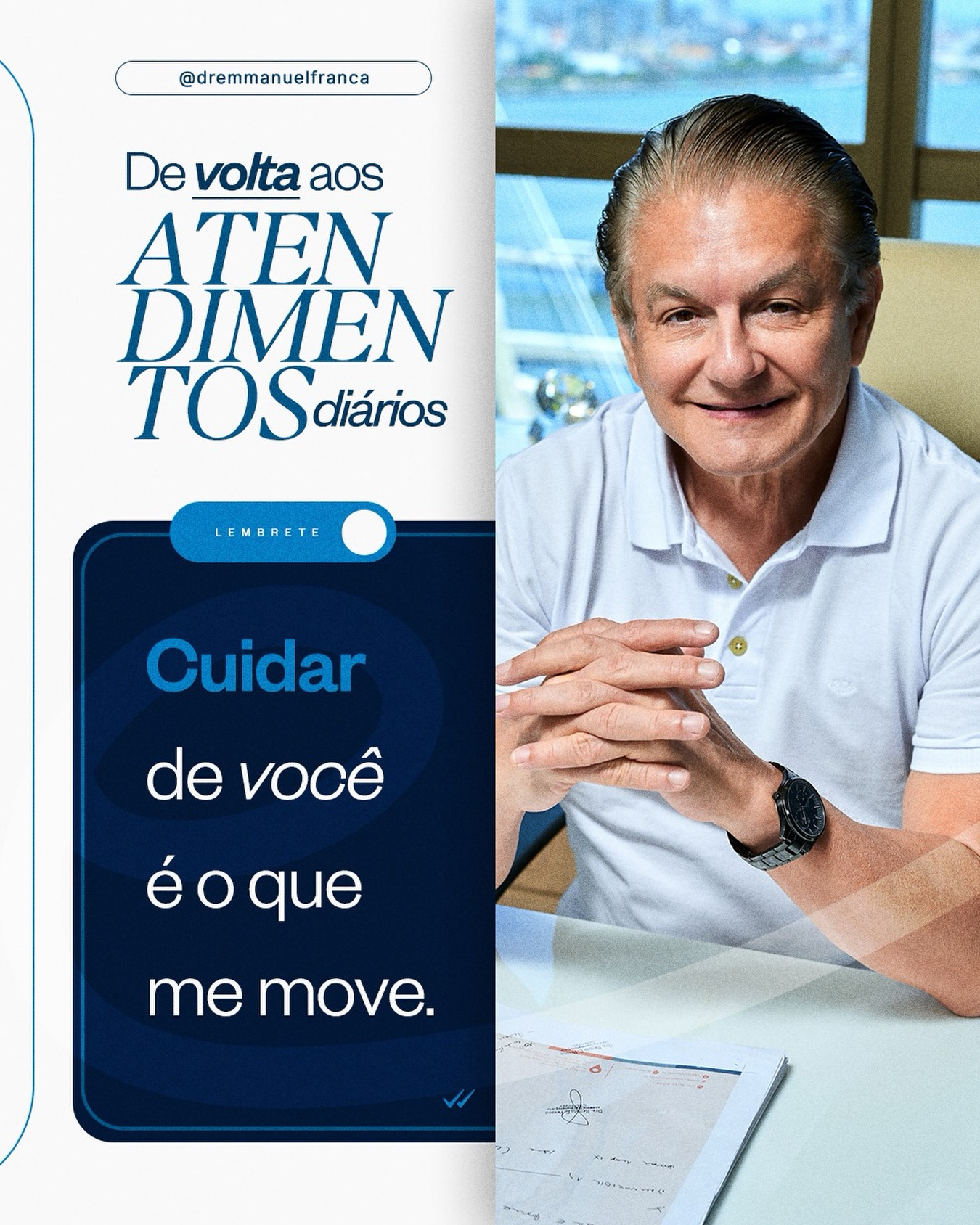 De volta à rotina 📅
Atendimentos diários retomados ✅ Retomando também o cuidado próximo, individualizado e atento a cada paciente. Cada consulta é única, pensada com estratégia, ciência e respeito à sua história.
Cuidar de você sempre foi o que me move e é com esse compromisso que sigo, todos os dias.
Para agendamentos, fale conosco pelo link na bio.
Dr Emmanuel França
Dermatologista
CRM 5999
RQE 636
📍Skin Prime - Riomar Trade Center - Torre 3 - Sala 1905
☎️ (81) 3036-4040