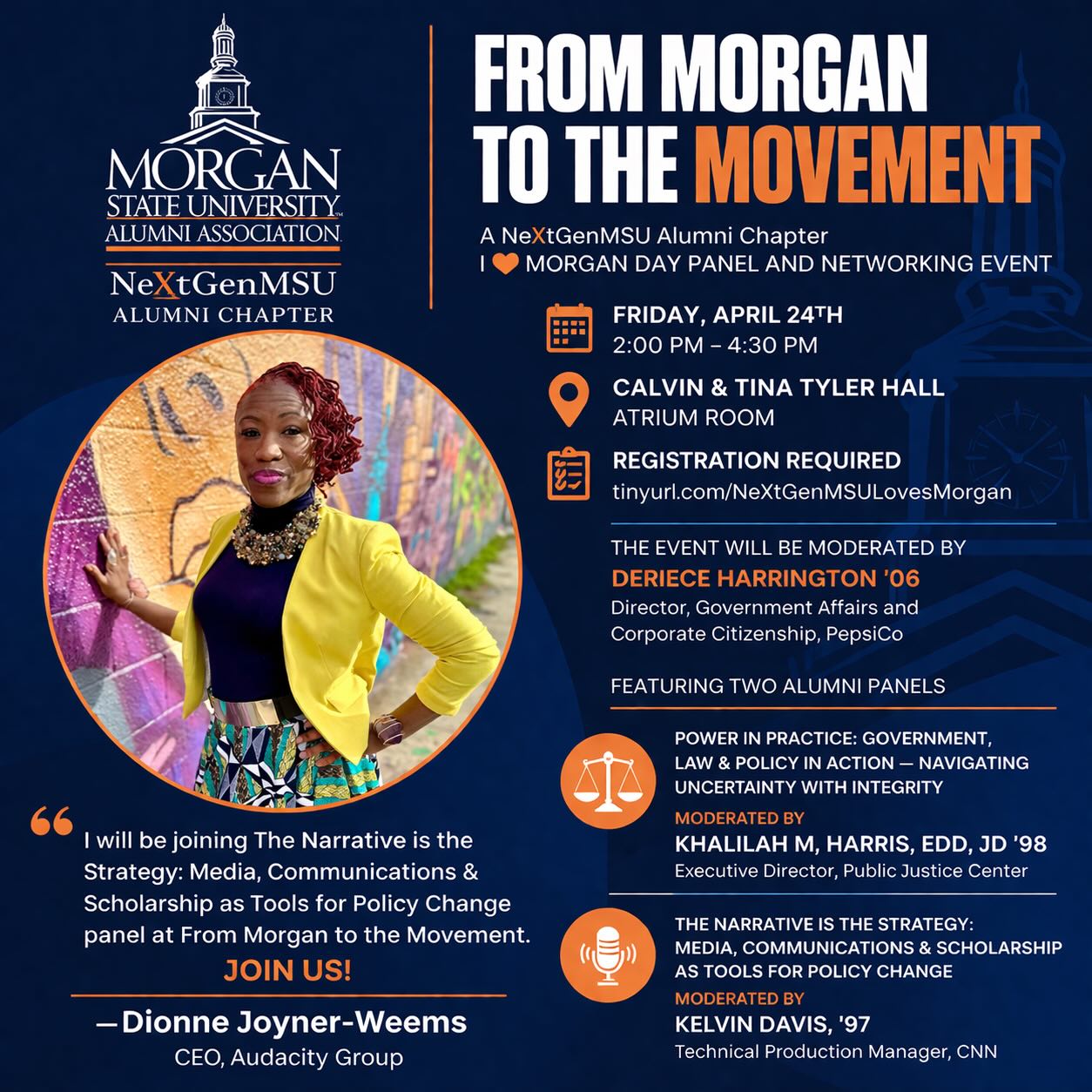 I’ve spent more than 2️⃣ decades shaping how people, places, and communities are seen—and how they see themselves.✨
And that story… started at @morganstateu.🧡💙
So in this season of my life, to return—
not just as an alum, but as a voice in the conversation—feels nothing short of a calling.
Because the truth is this:
how we tell the story of our communities determines what gets funded, what gets legislated, and WHO GETS PROTECTED!🔥
I’m honored to join the Narrative is the Strategy panel, presented by @nextgenmsualumni, as part of From Morgan to the Movement—a powerful afternoon of conversations featuring alumni shaping policy, media, law, and public life.
(And yes… there are some serious voices in the room.🗣️)
My conversation begins at 3:30 PM⏰—
but this is a full experience, so come early and stay for it all!
📍 Tyler Hall, Atrium
🗓 Friday, April 24
⏰ 2:00–4:30 PM
If you’re in the room… just know, we’re not just talking story.
We’re talking power.
#DionneJoynerWeems
#NarrativeIsStrategy
#ILoveMorganDay
#MorganStateUniversity
#MyBmore